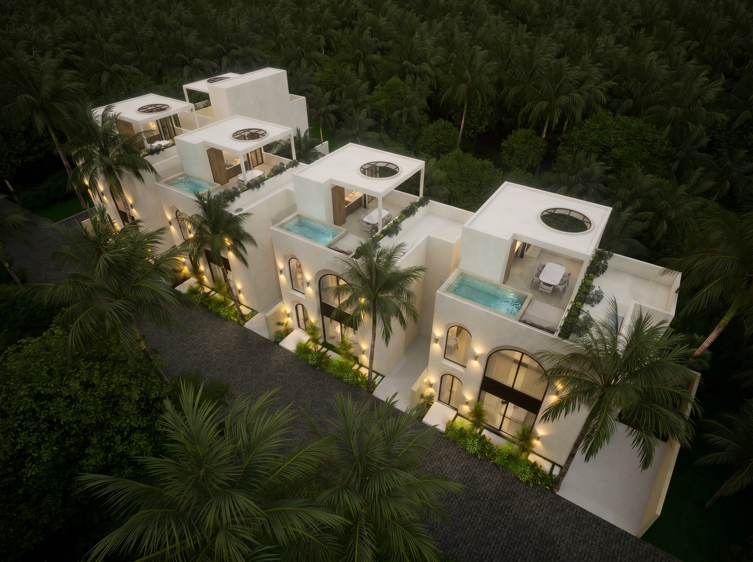 Aerial rear angle of cluster, lit pools
