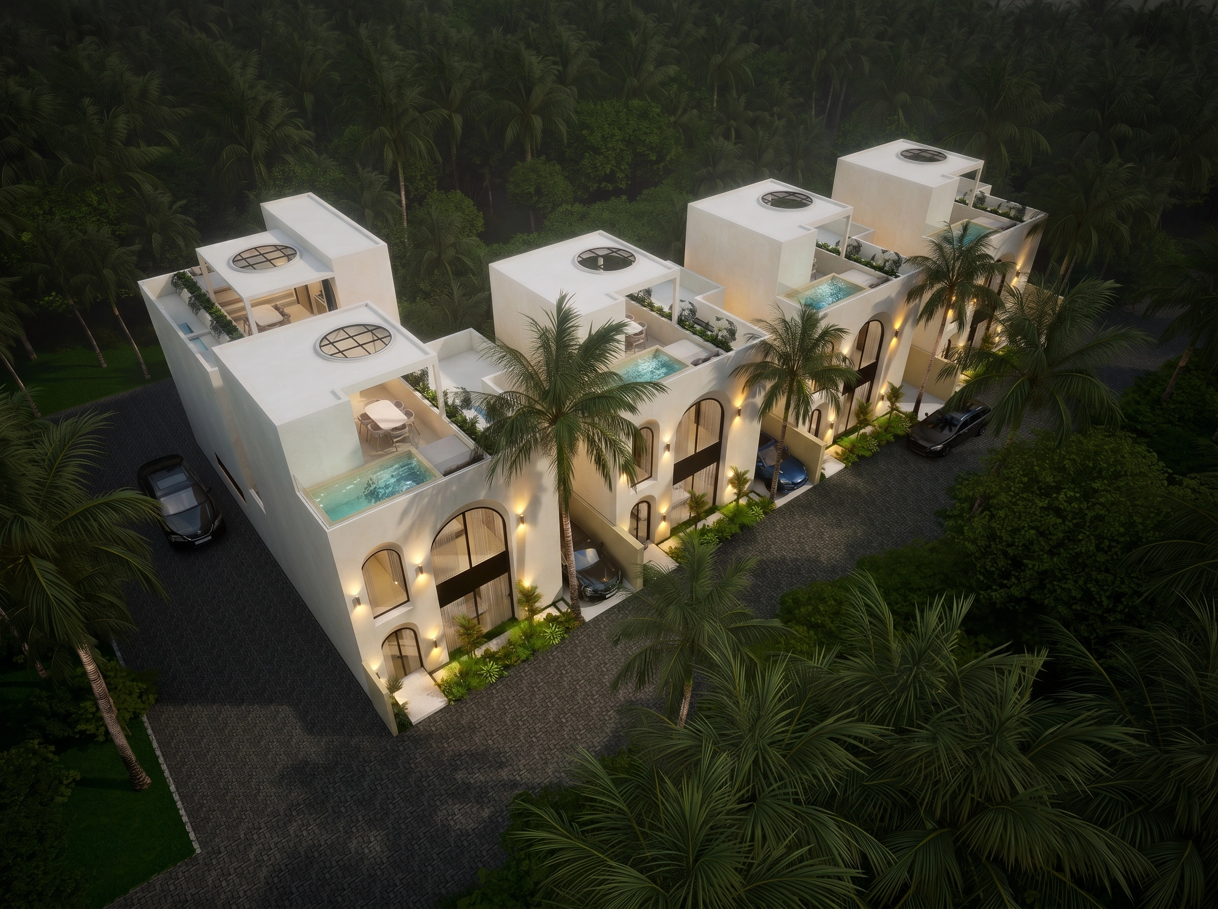 Aerial dusk view, rooftop pools and pergolas lit