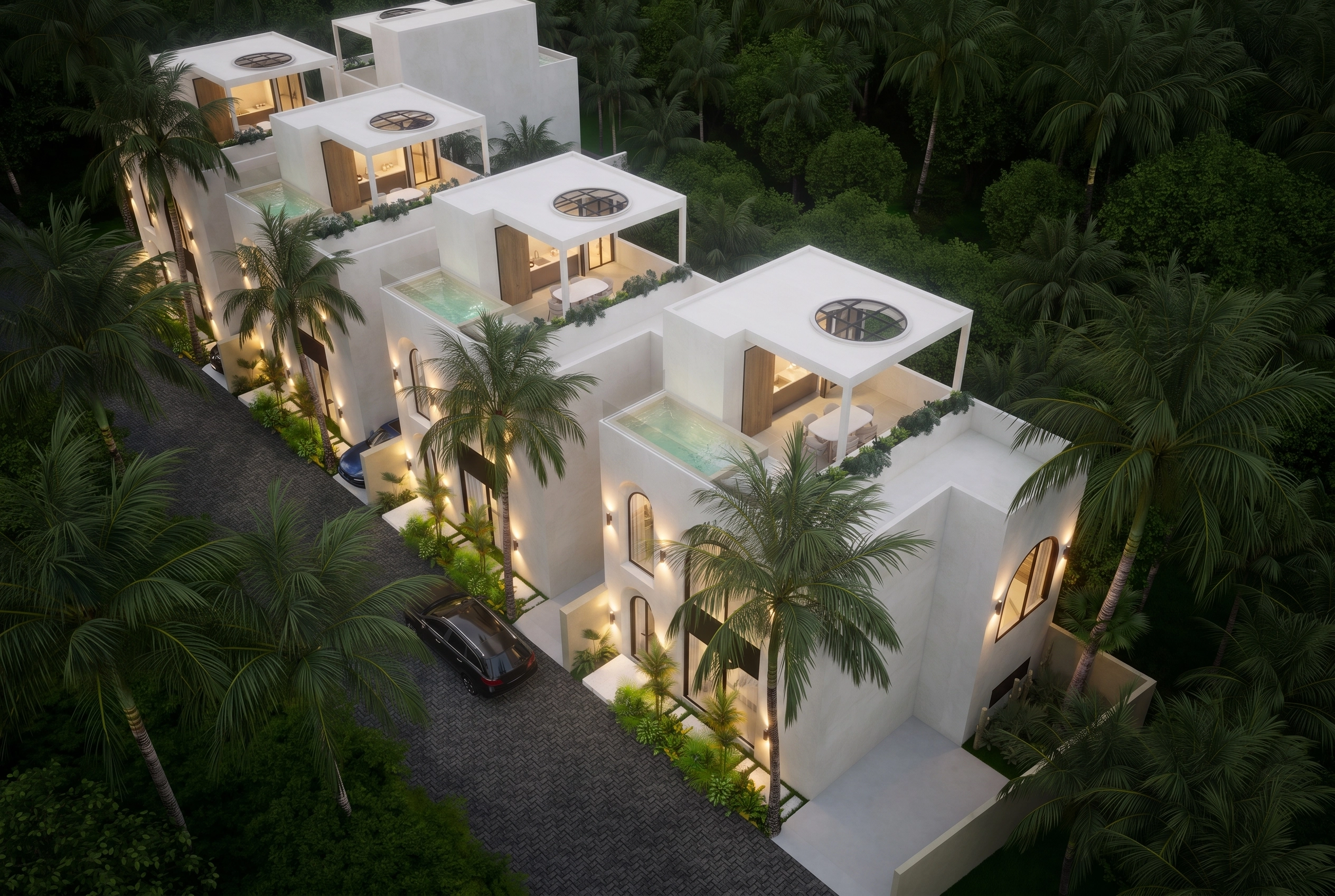 Aerial rear stepped terraces, lit pools