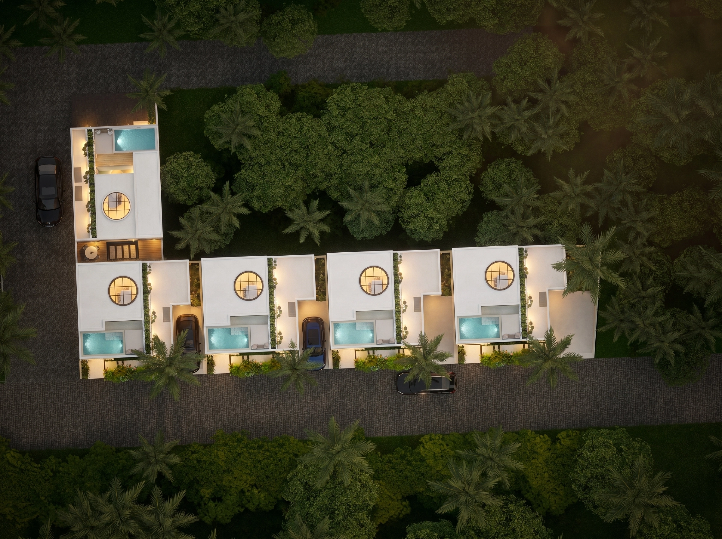 Top-down birdseye view of 4 villas