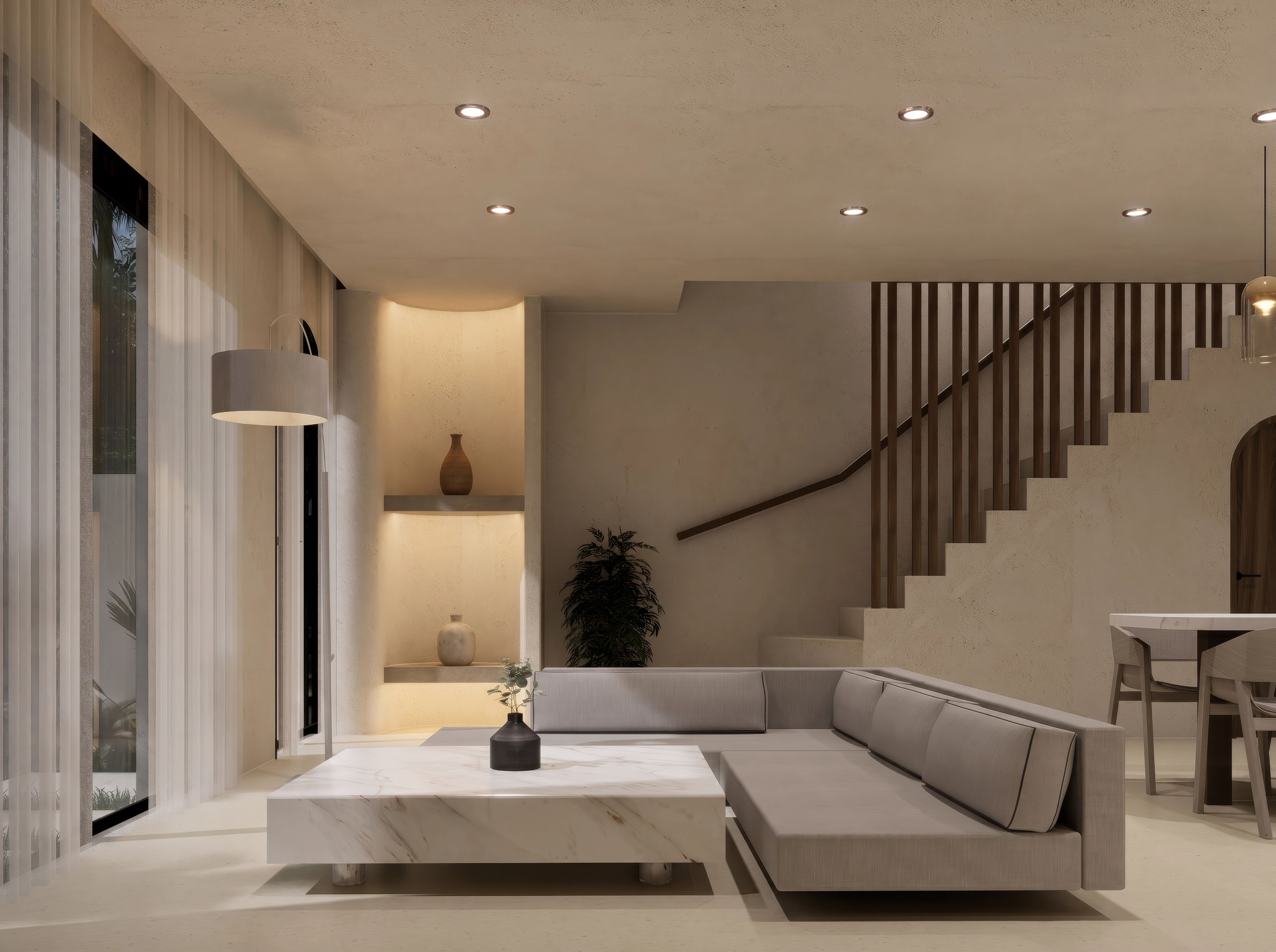 Unit 10/13, Corner sofa, marble table, stairs