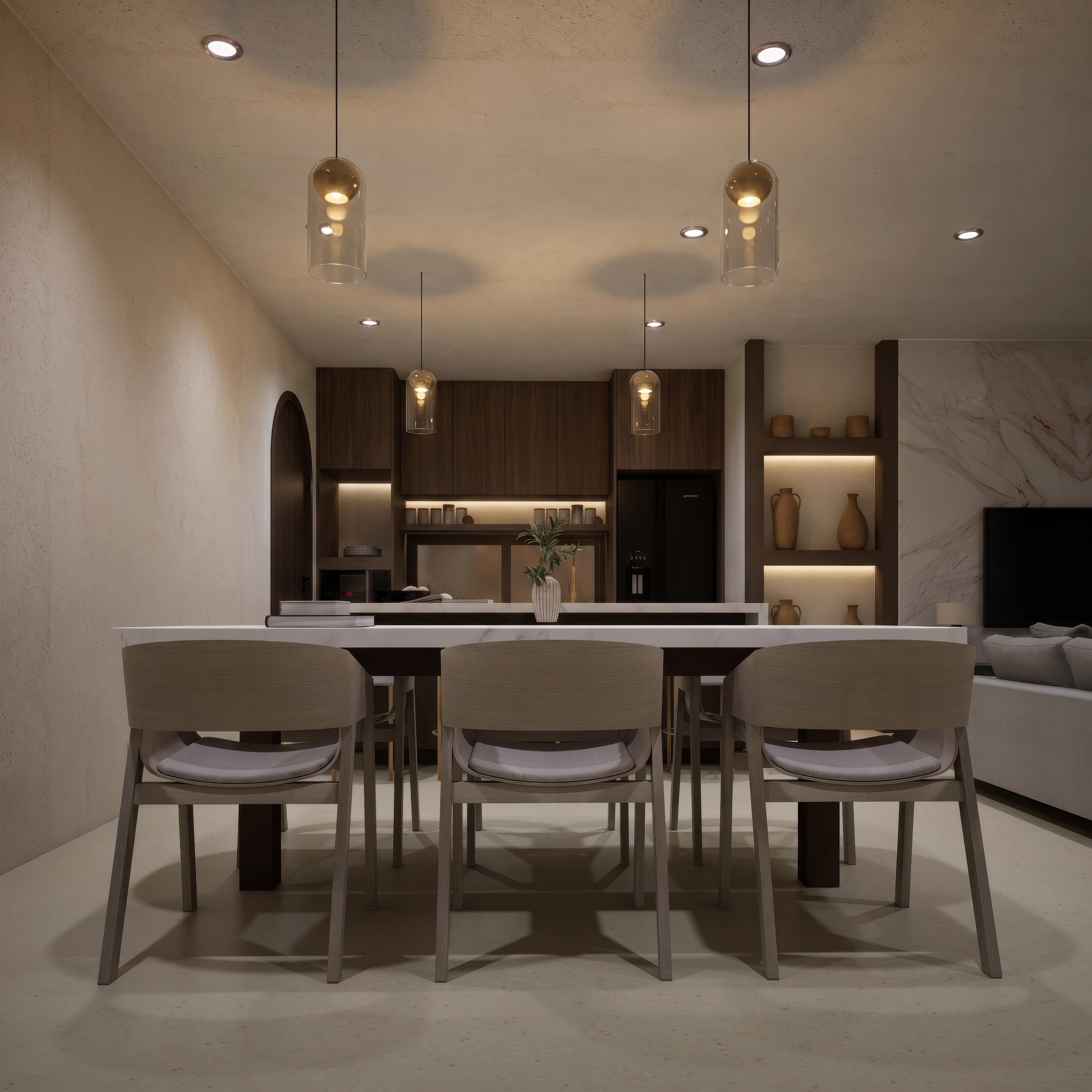 Unit 10/13, Dining table with amber pendants