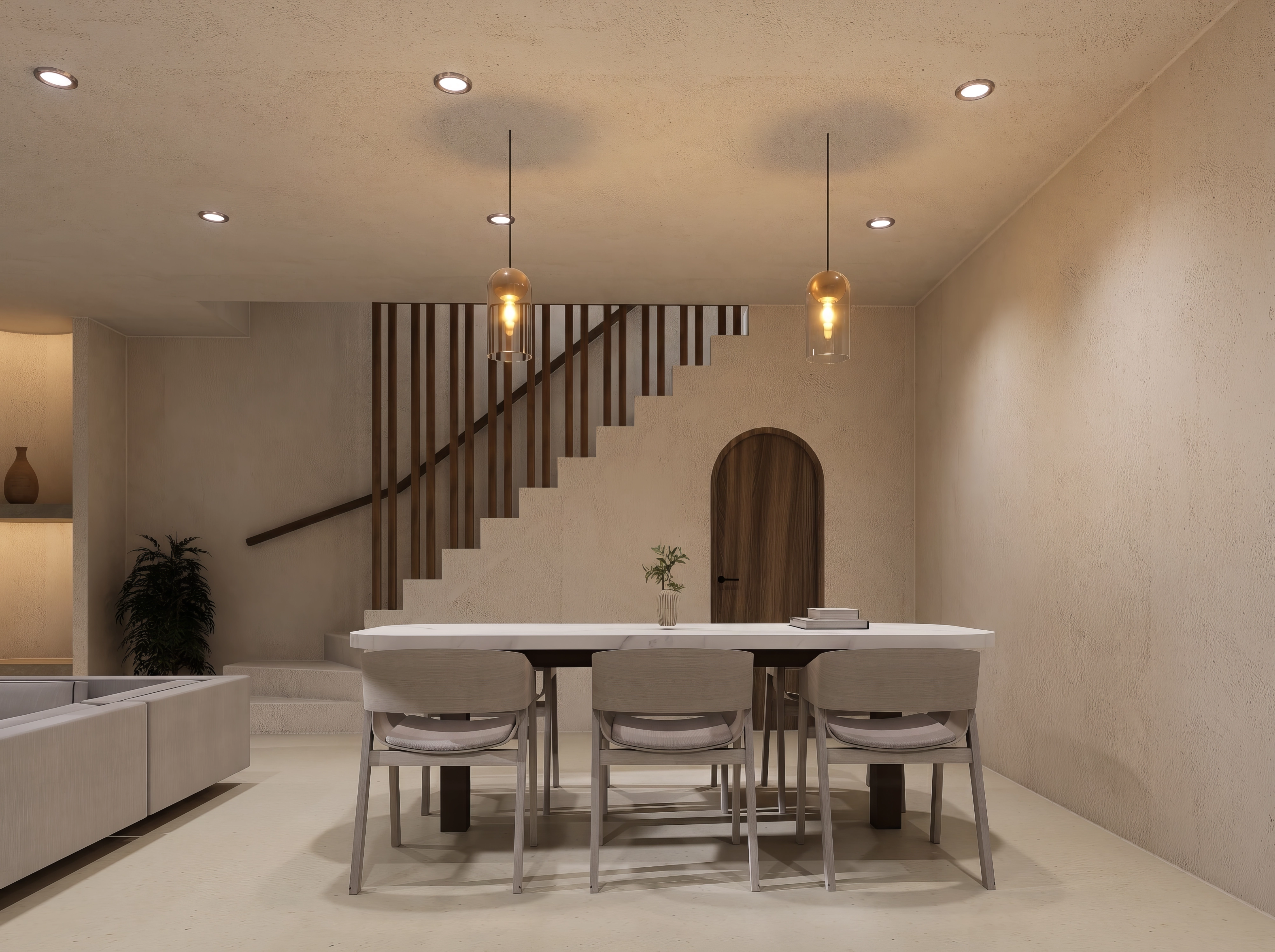 Unit 10/13, Dining with slatted wood staircase