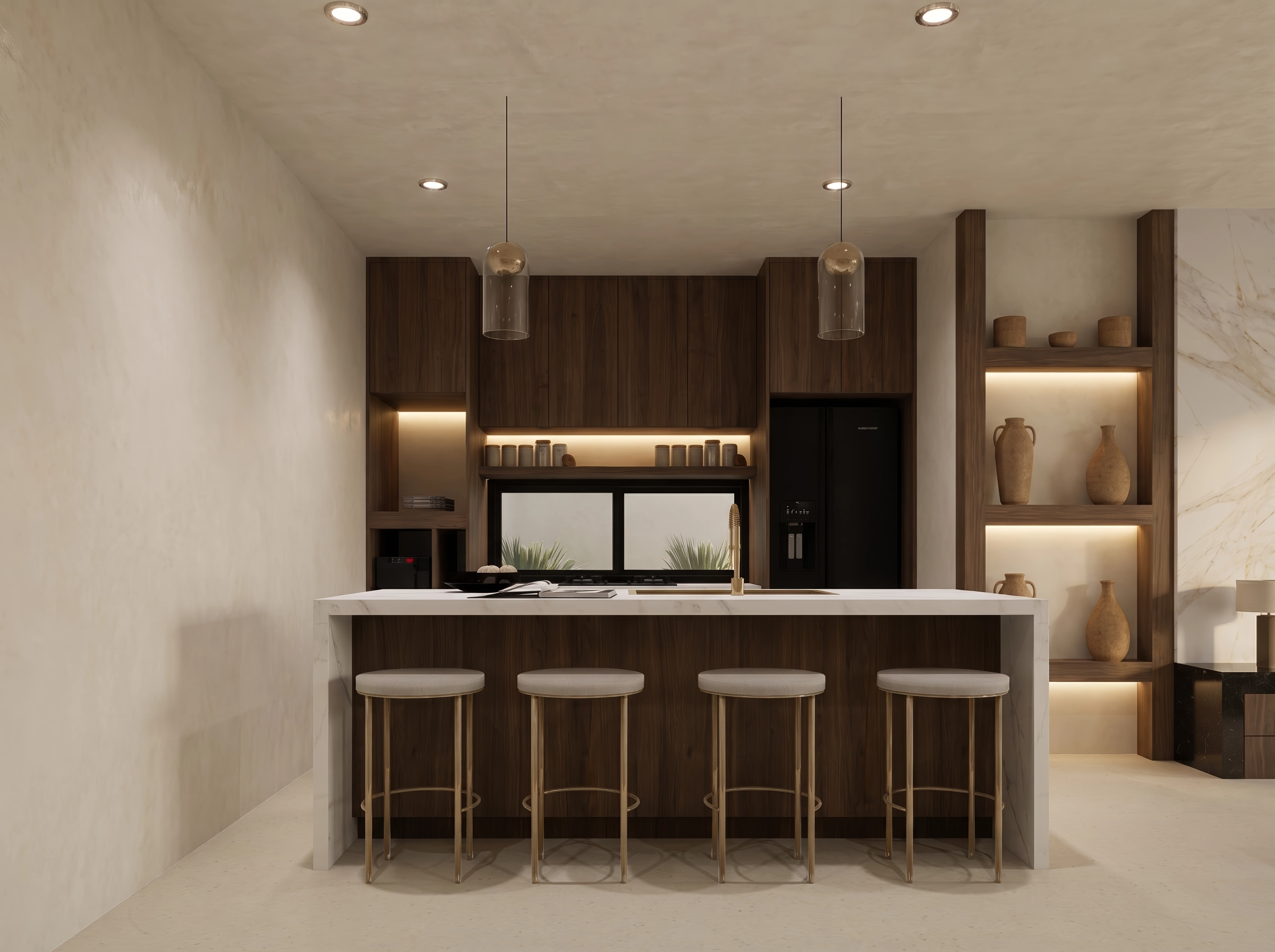 Unit 10/13, Walnut kitchen island with stools