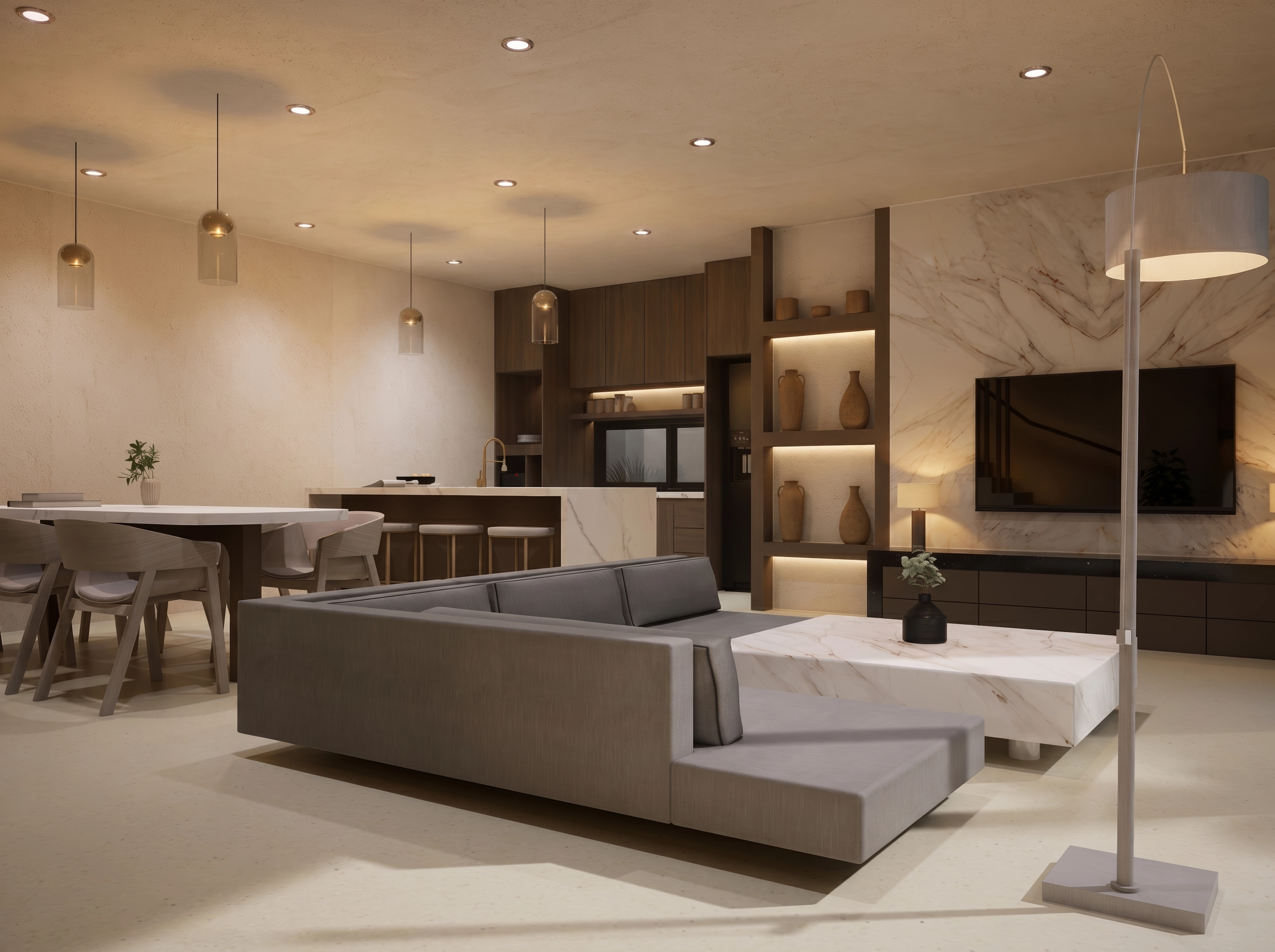 Unit 10/13, Open kitchen + living, marble TV wall