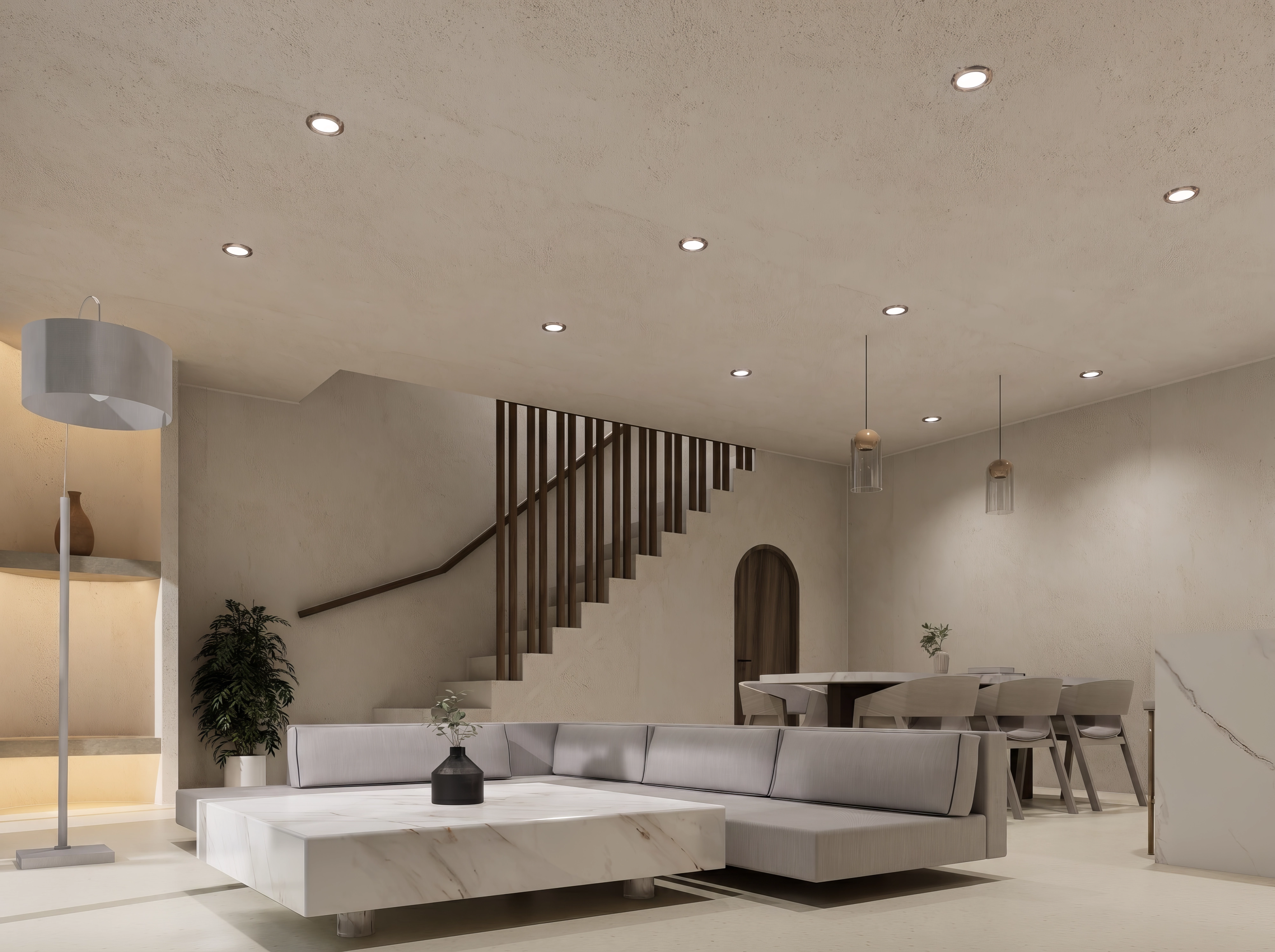 Unit 10/13, Living + dining with slatted stairs