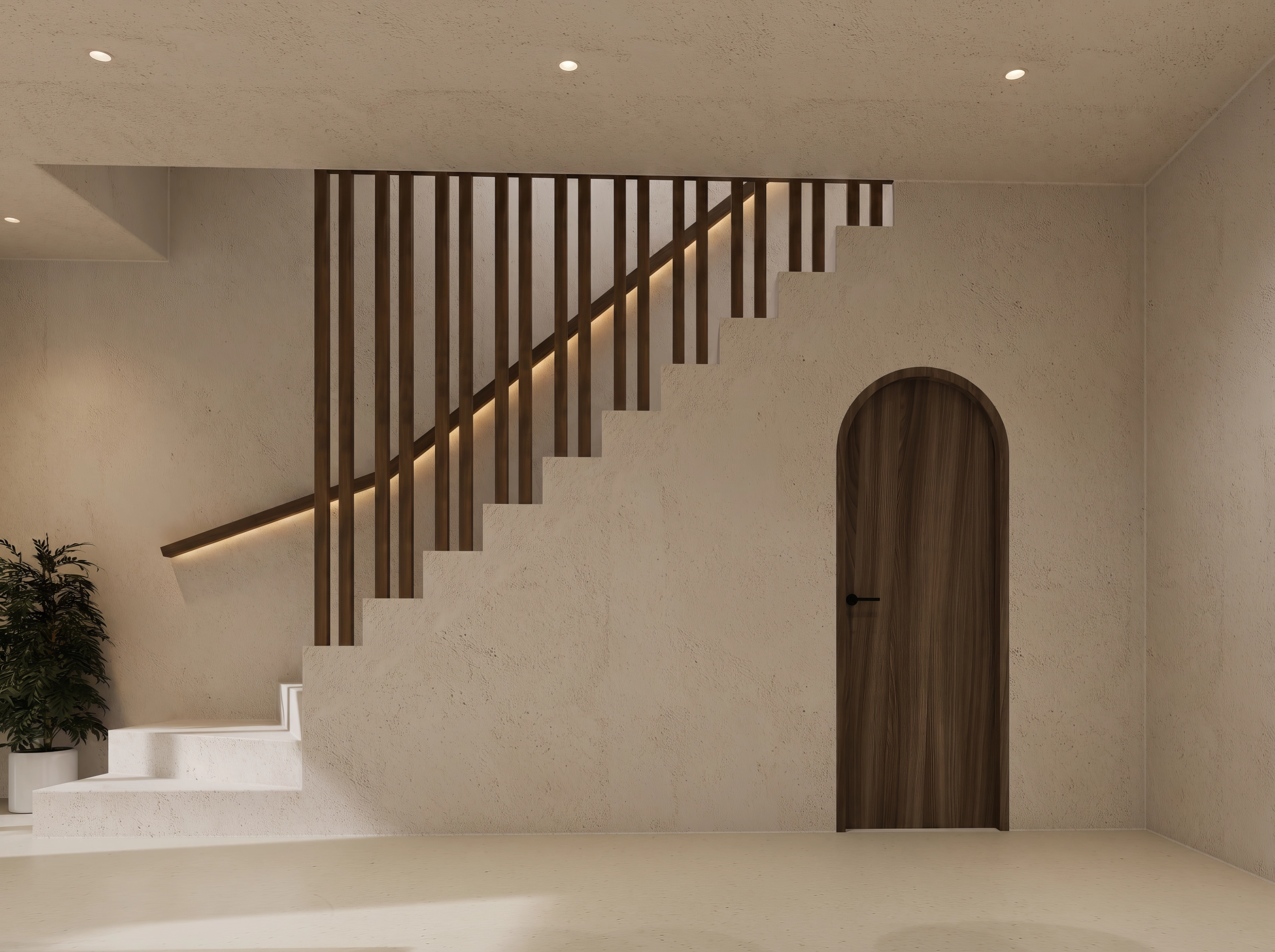 Unit 10/13, Hall with slatted stairs + arched door