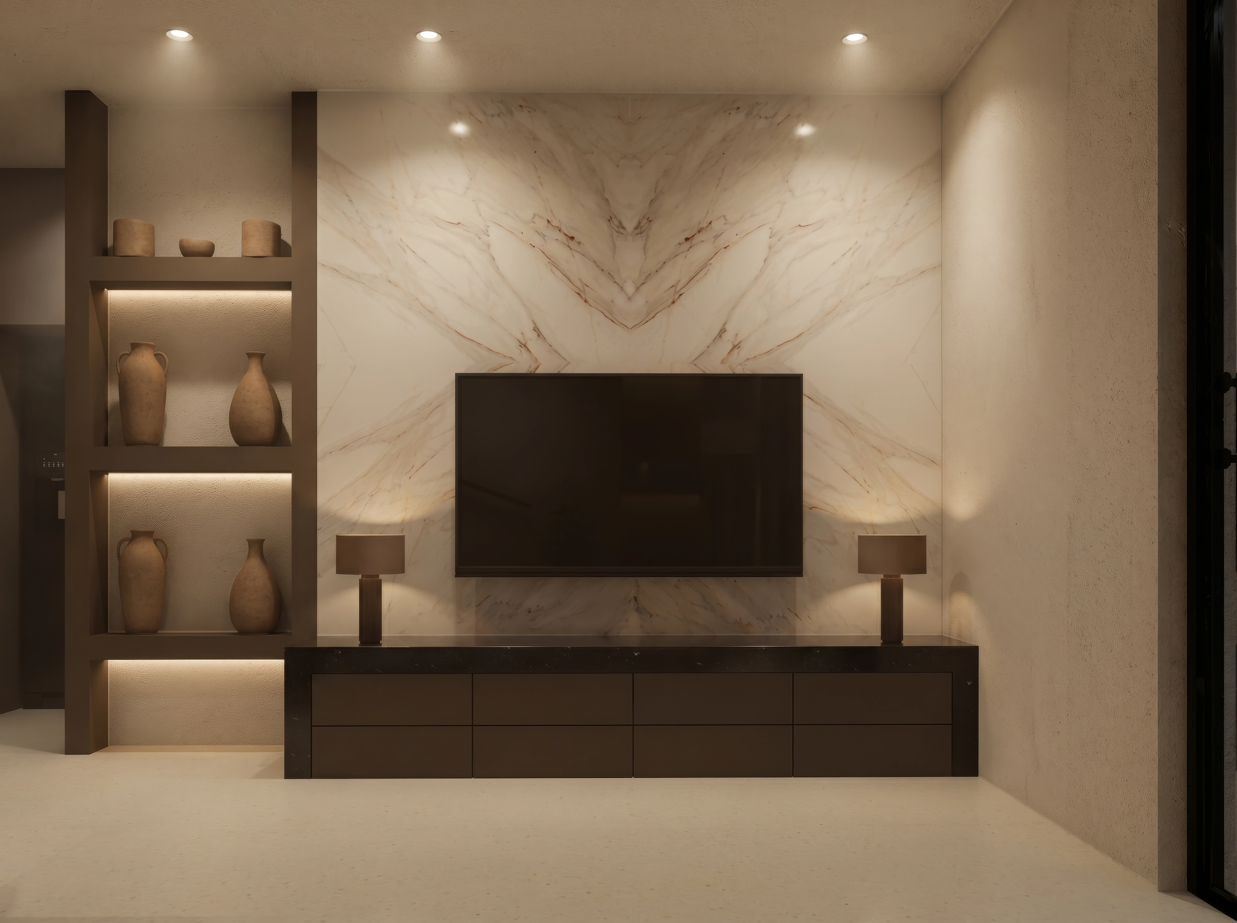Unit 10/13, TV on marble wall, niche shelves