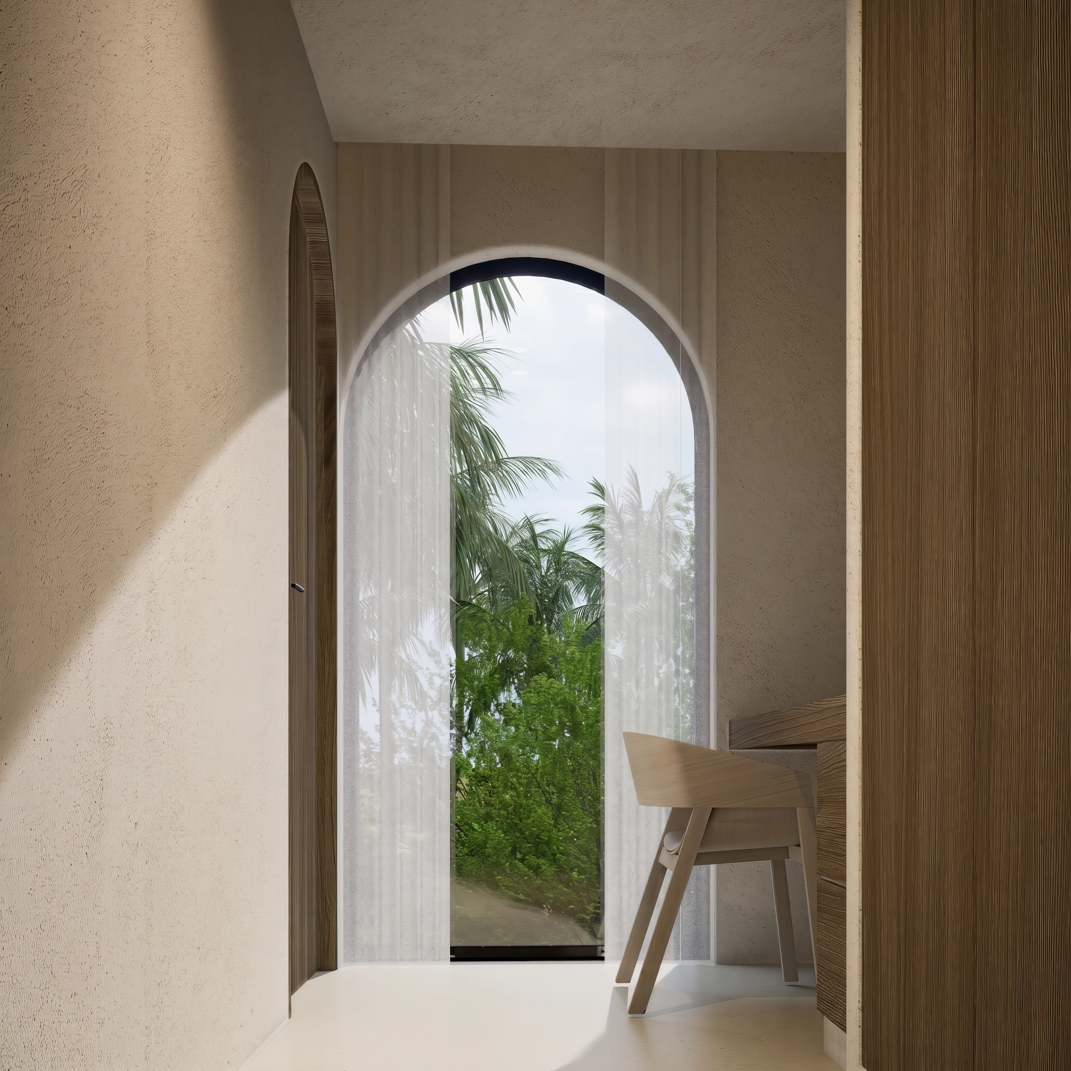 Unit 9, Arched hallway with sheer curtain