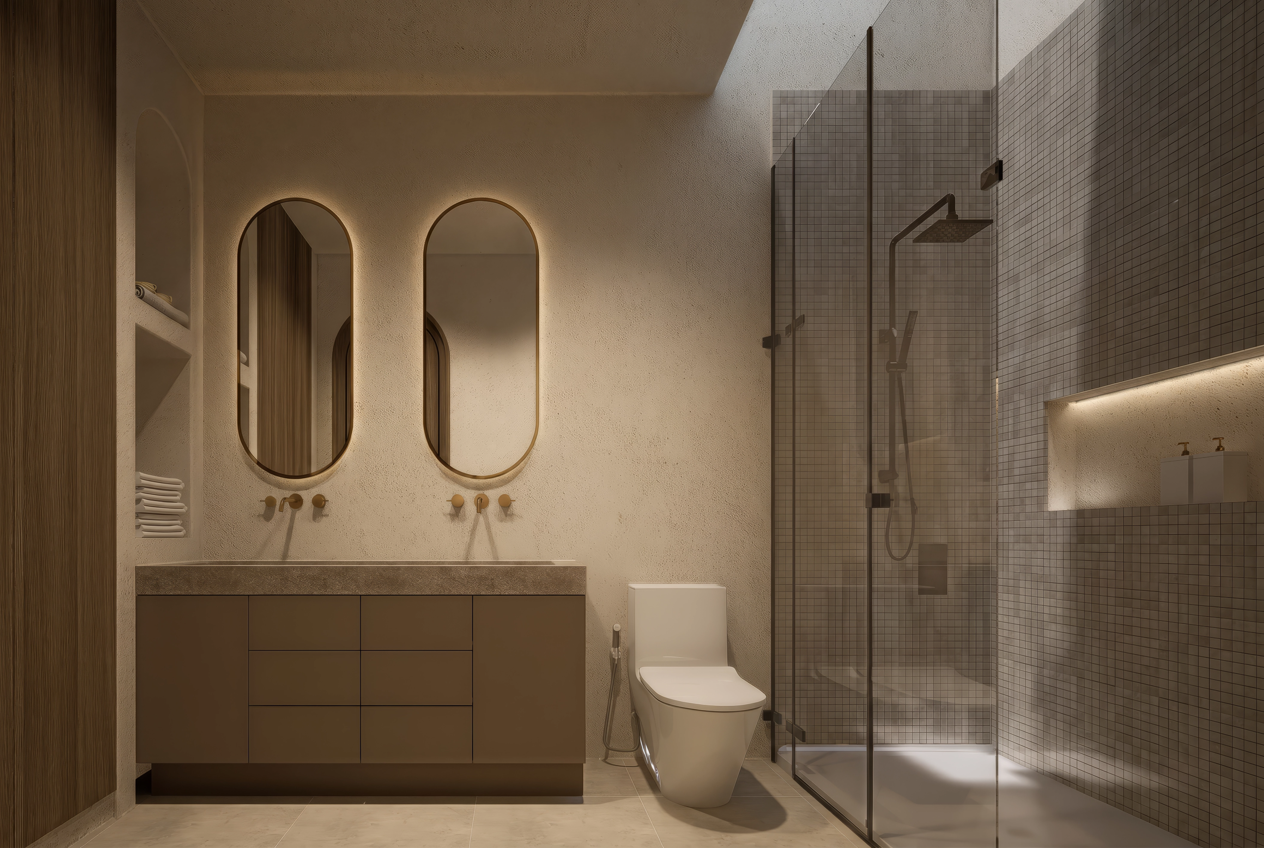 Unit 9, Bathroom dual mirrors mosaic shower