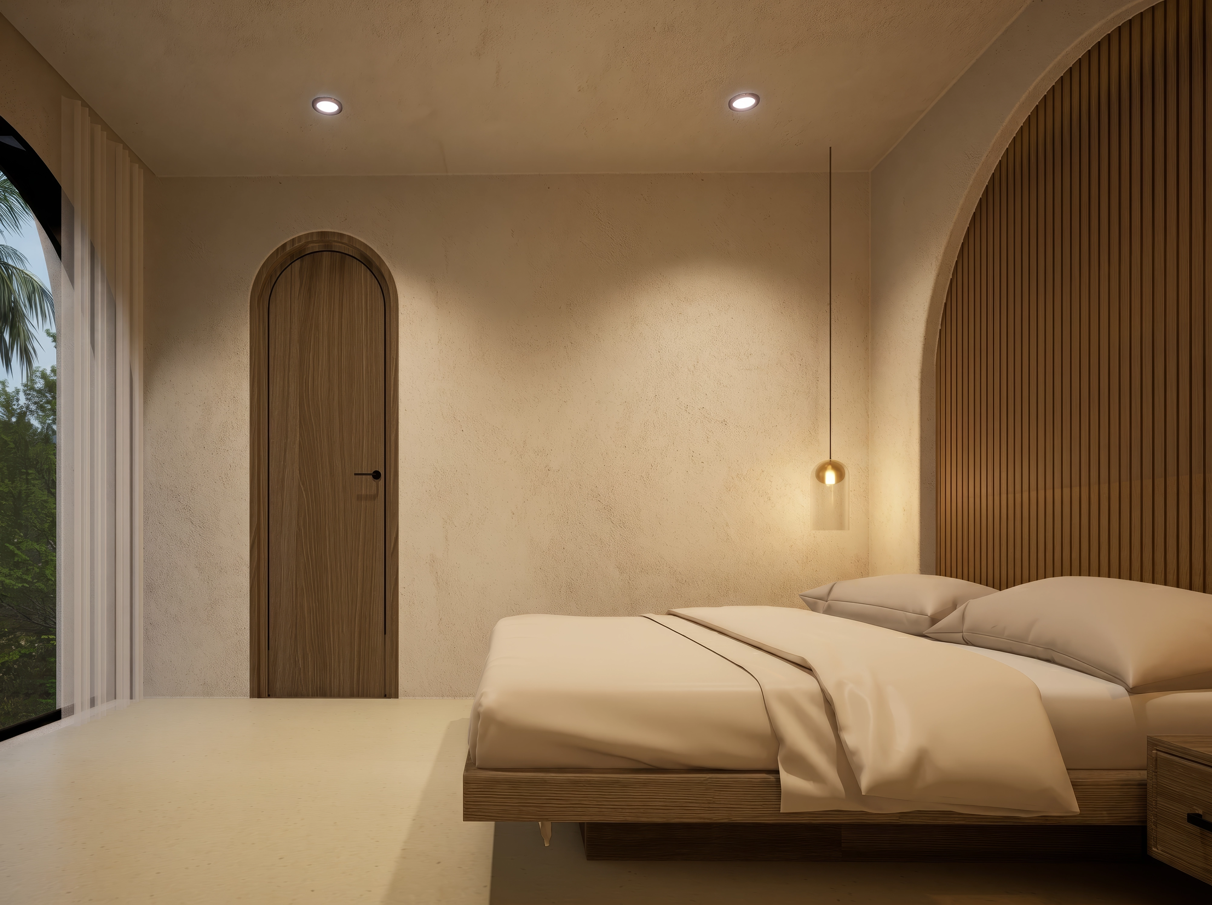 Unit 9, Bedroom slatted wood arched headboard
