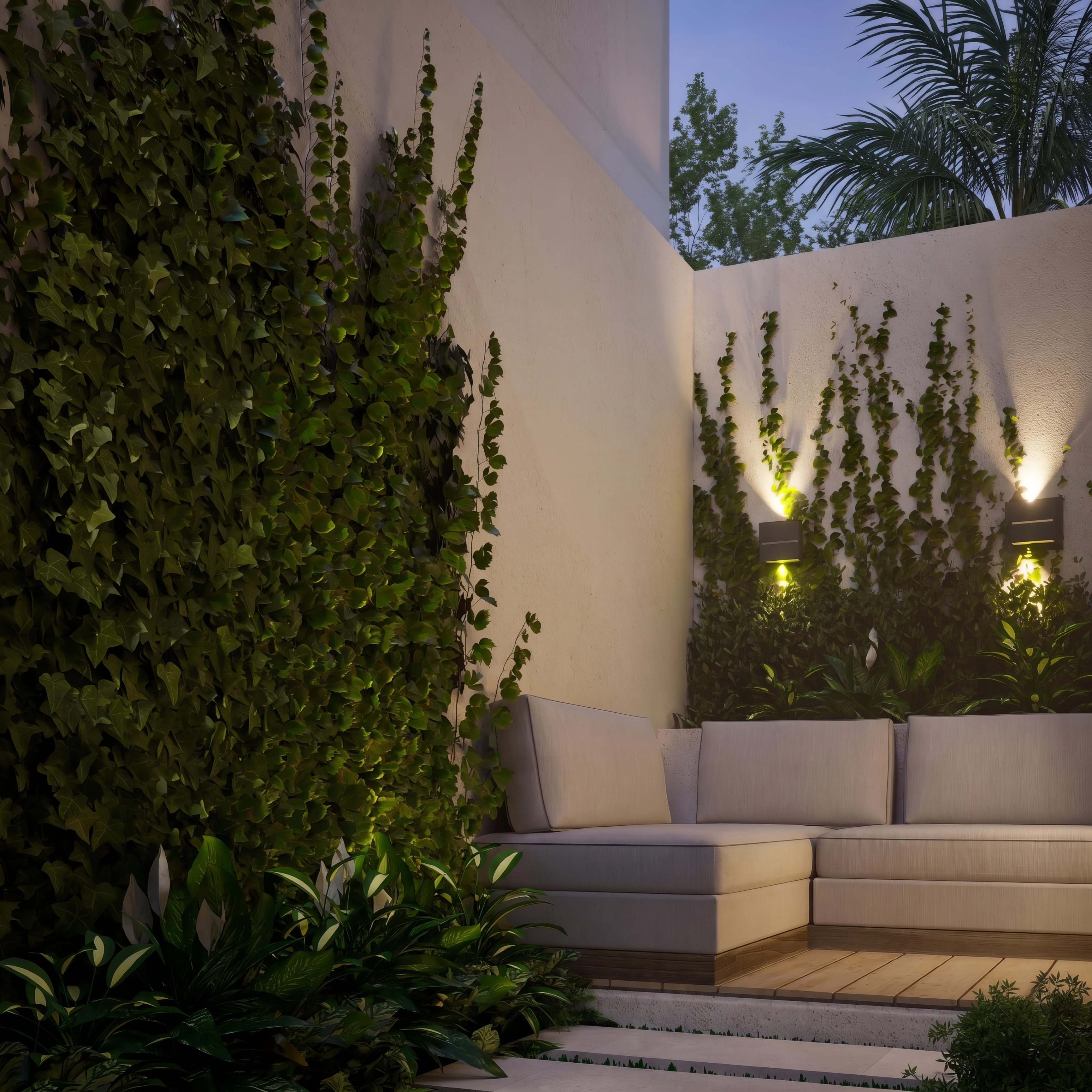 Unit 9, Courtyard ivy at dusk