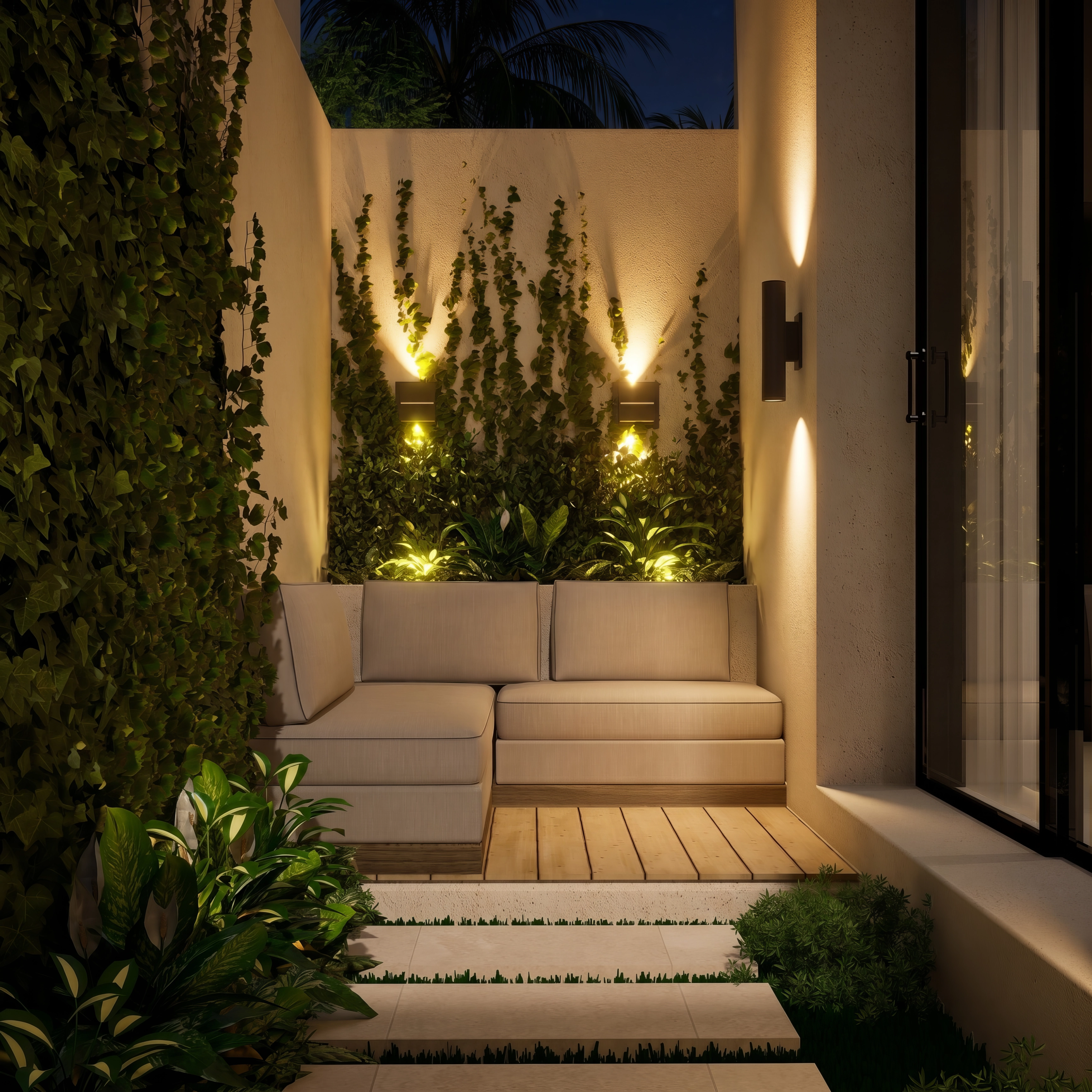 Unit 9, Courtyard ivy wall at night