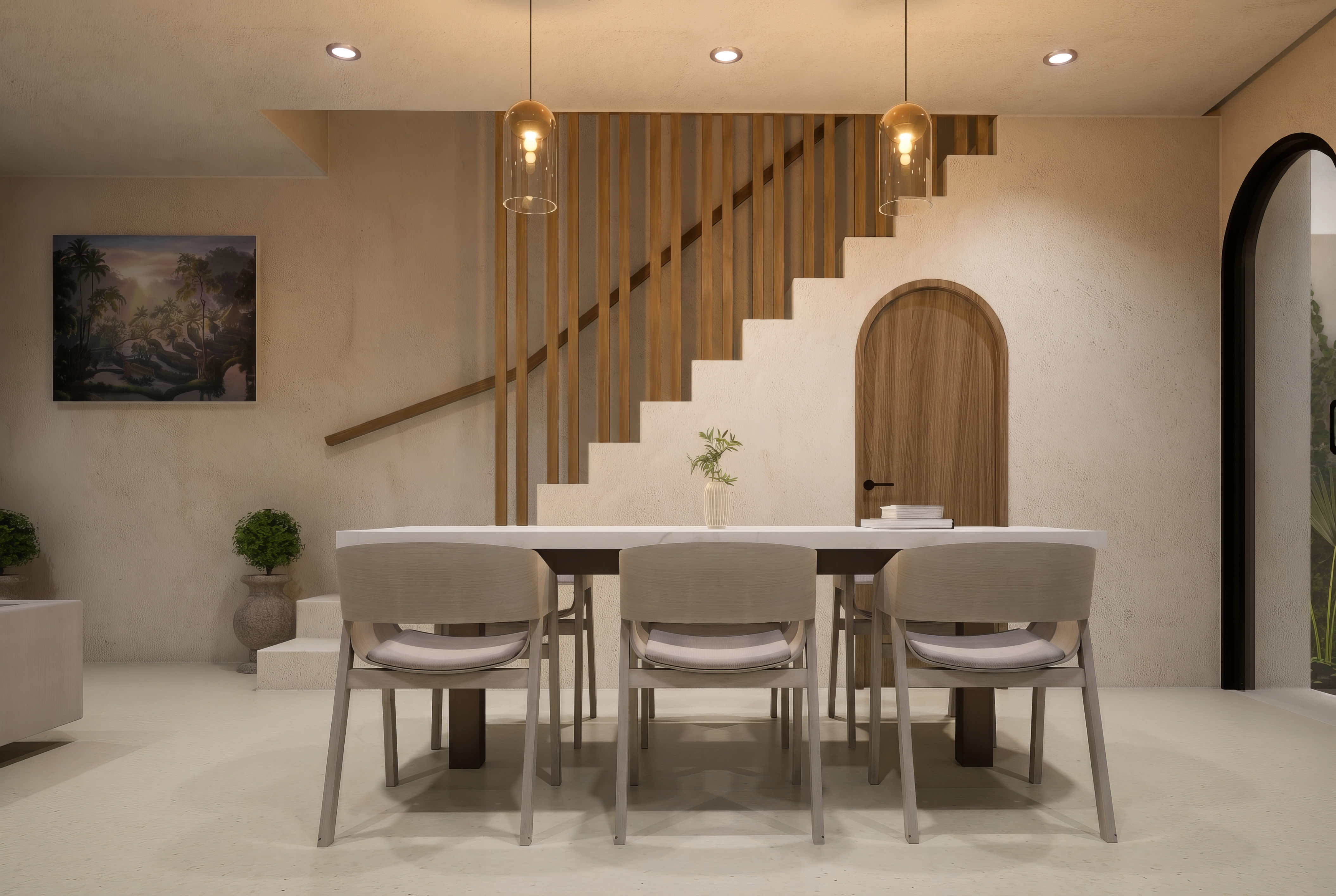 Unit 9, Dining with slatted staircase backdrop