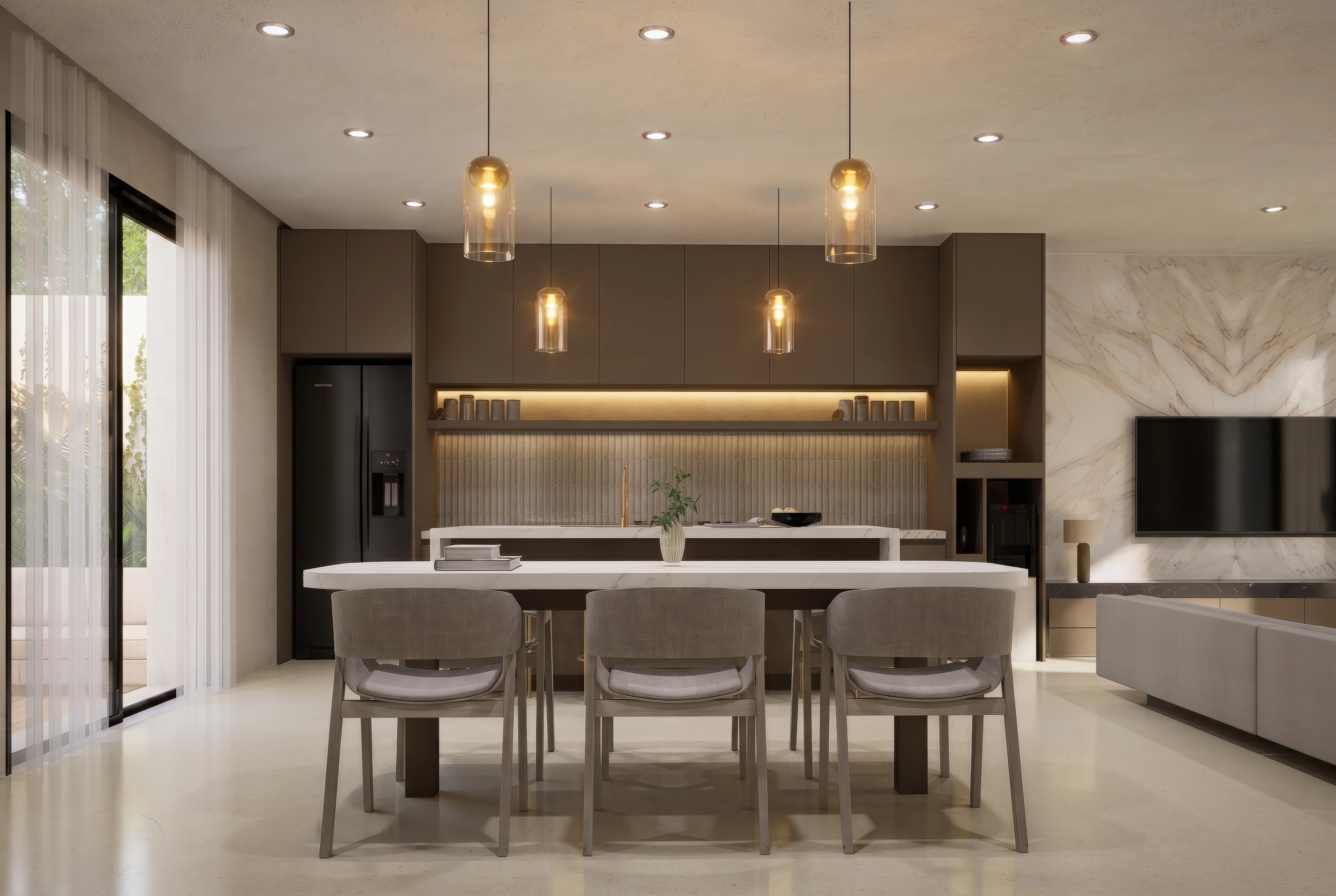 Unit 9, Kitchen + dining island, amber pendants