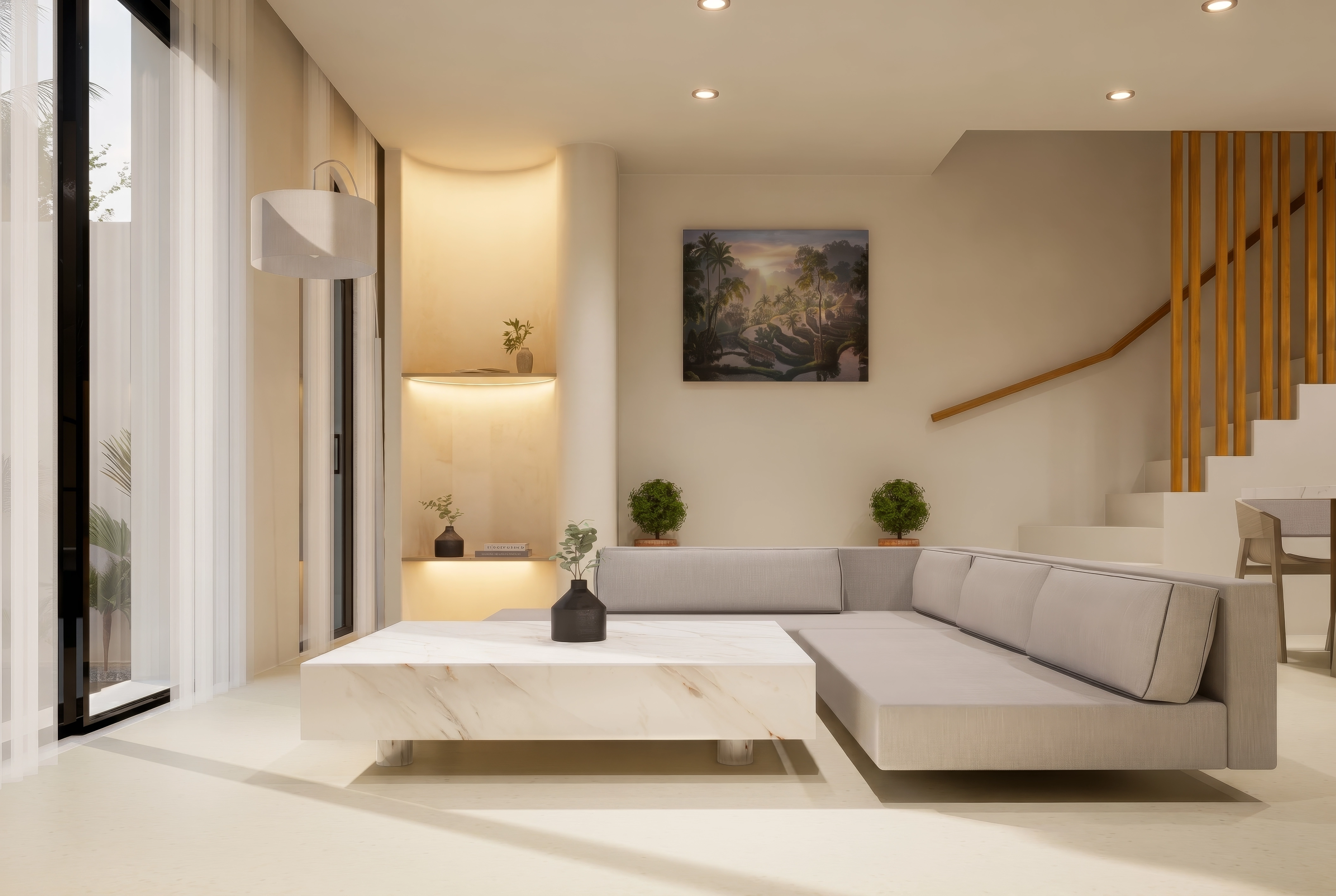 Unit 9, Living room sectional with nook shelves