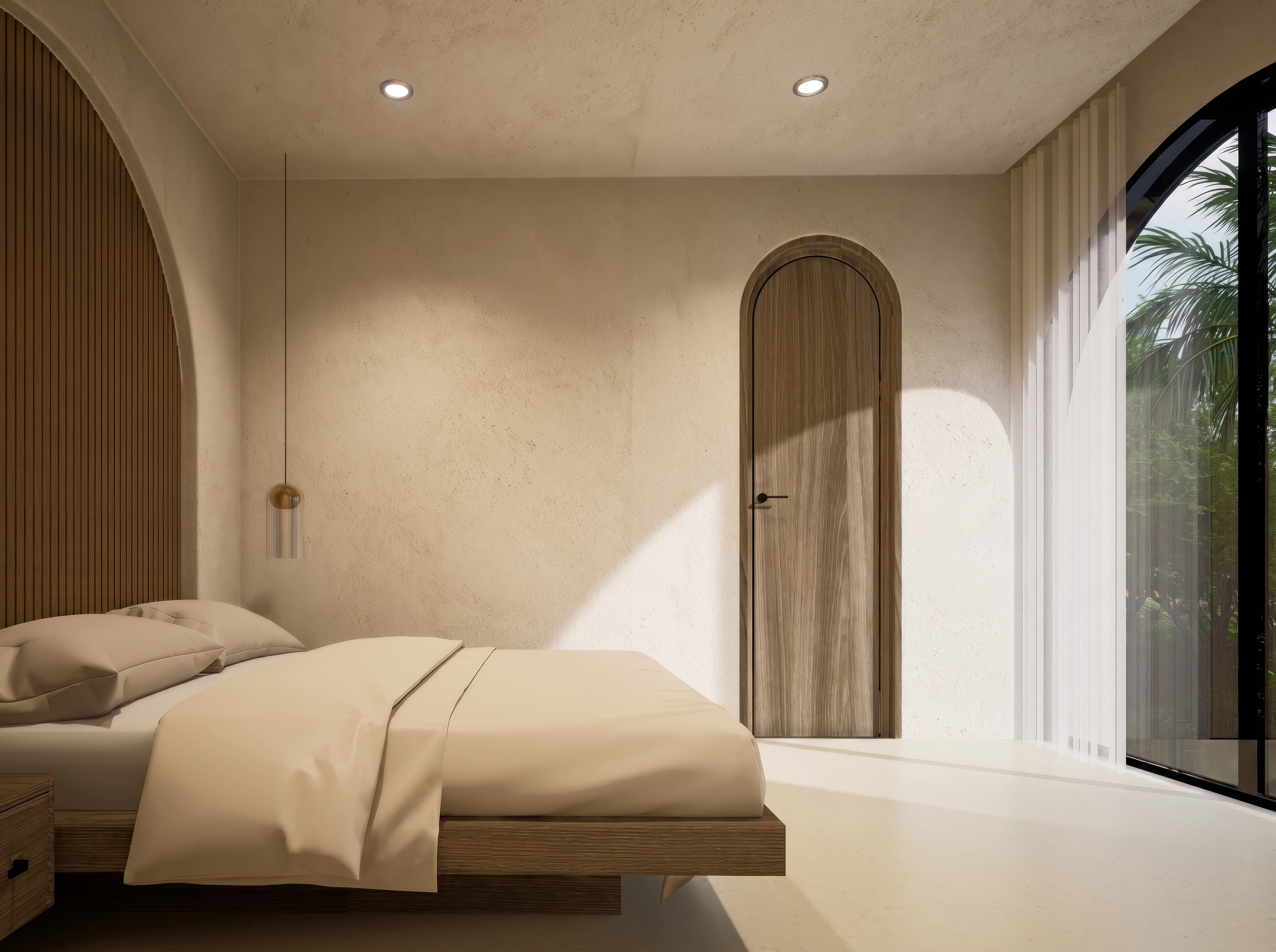 Unit 9, Master bedroom slatted arched headboard