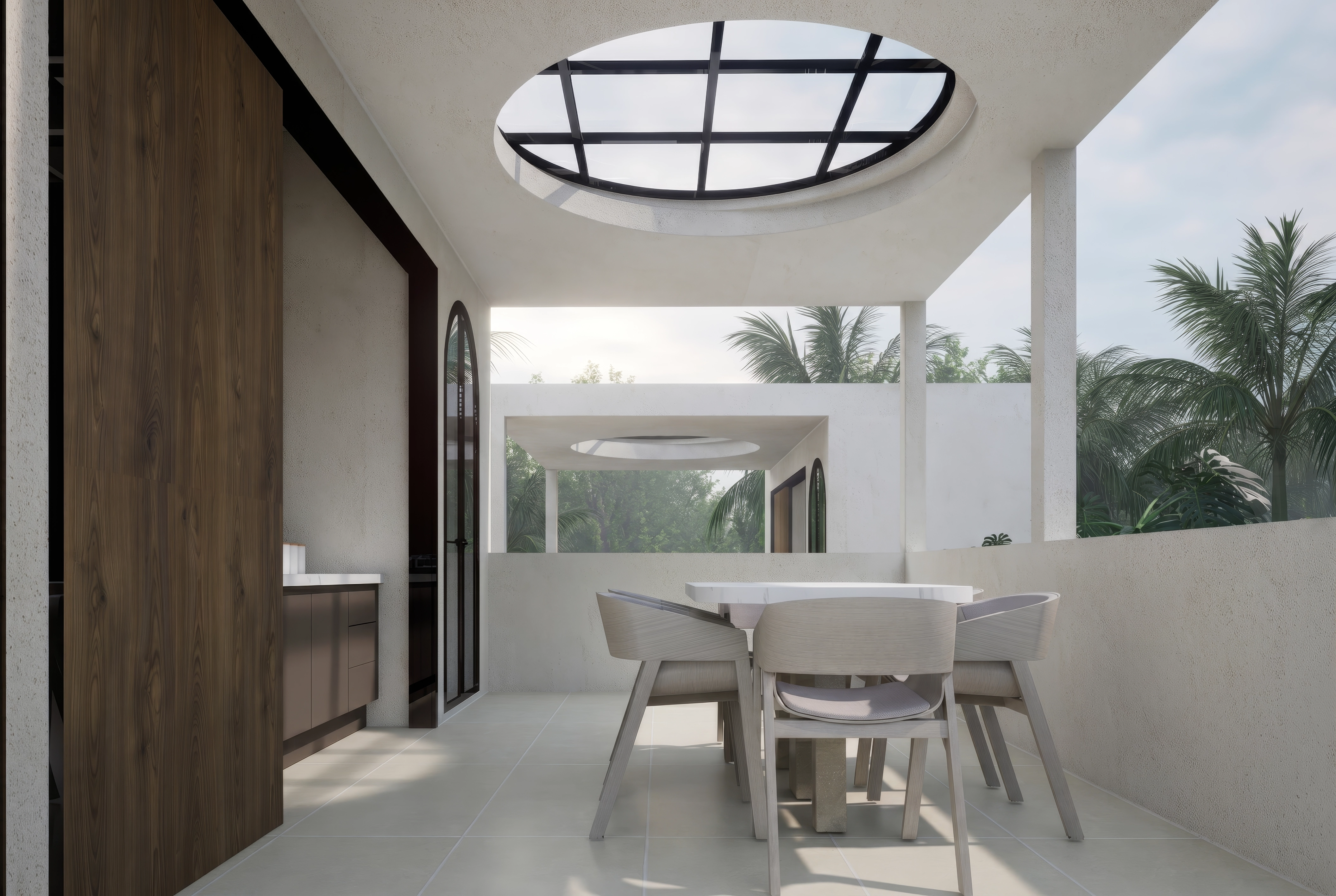 Unit 9, Rooftop dining beneath oculus skylight
