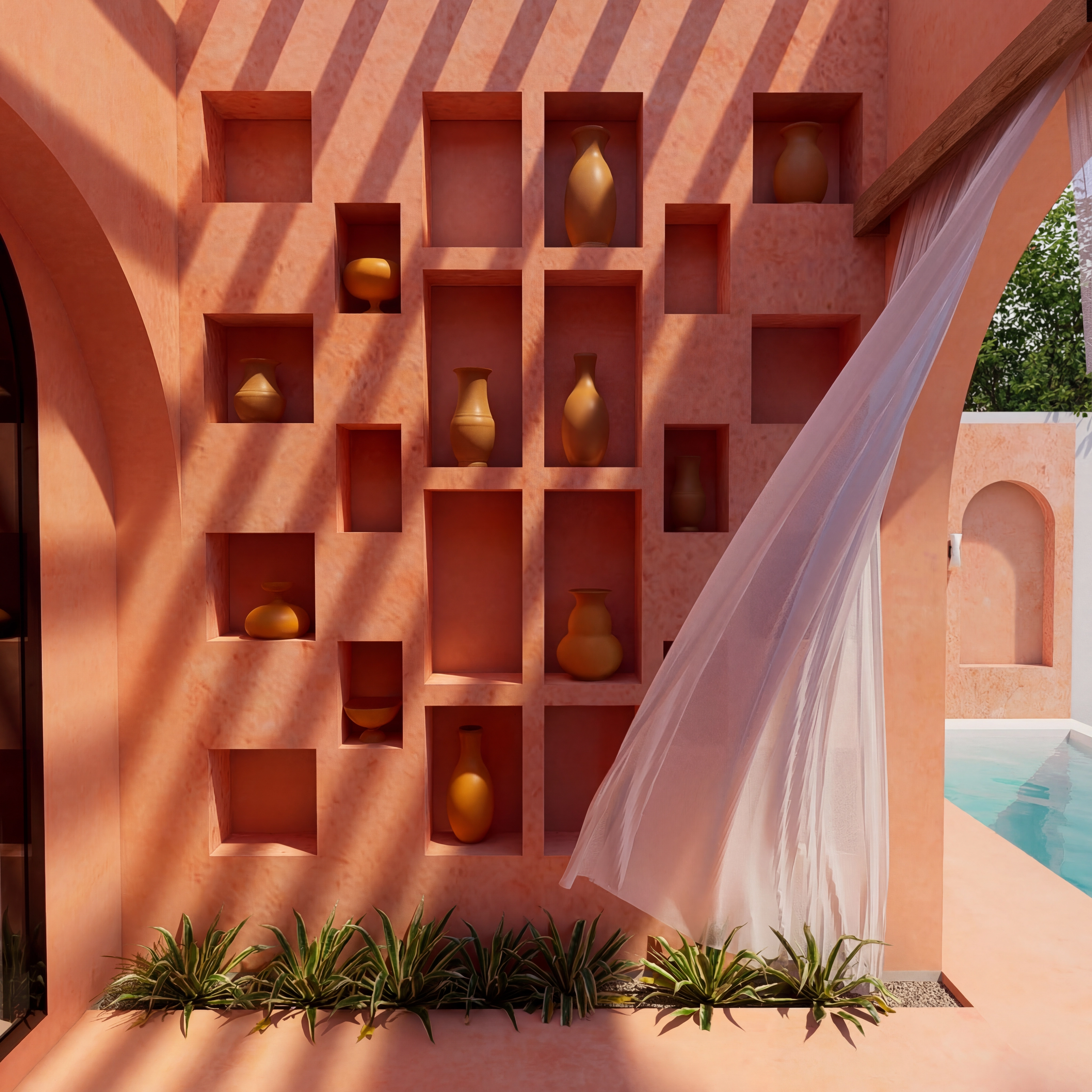Decorative peach exterior wall with display niches and clay vases next to the pool