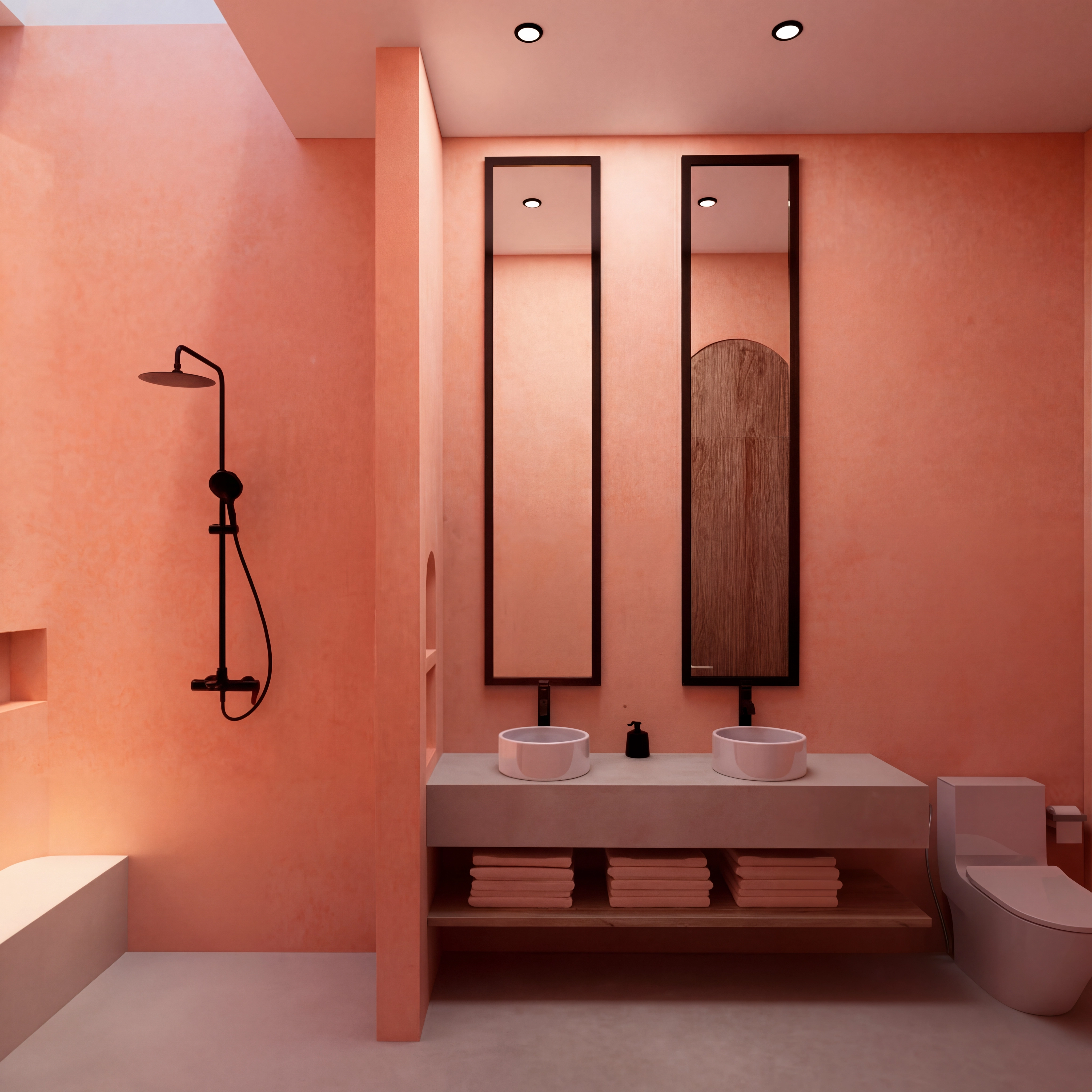 Minimalist bathroom with peach walls, dual sinks, and tall vertical mirrors