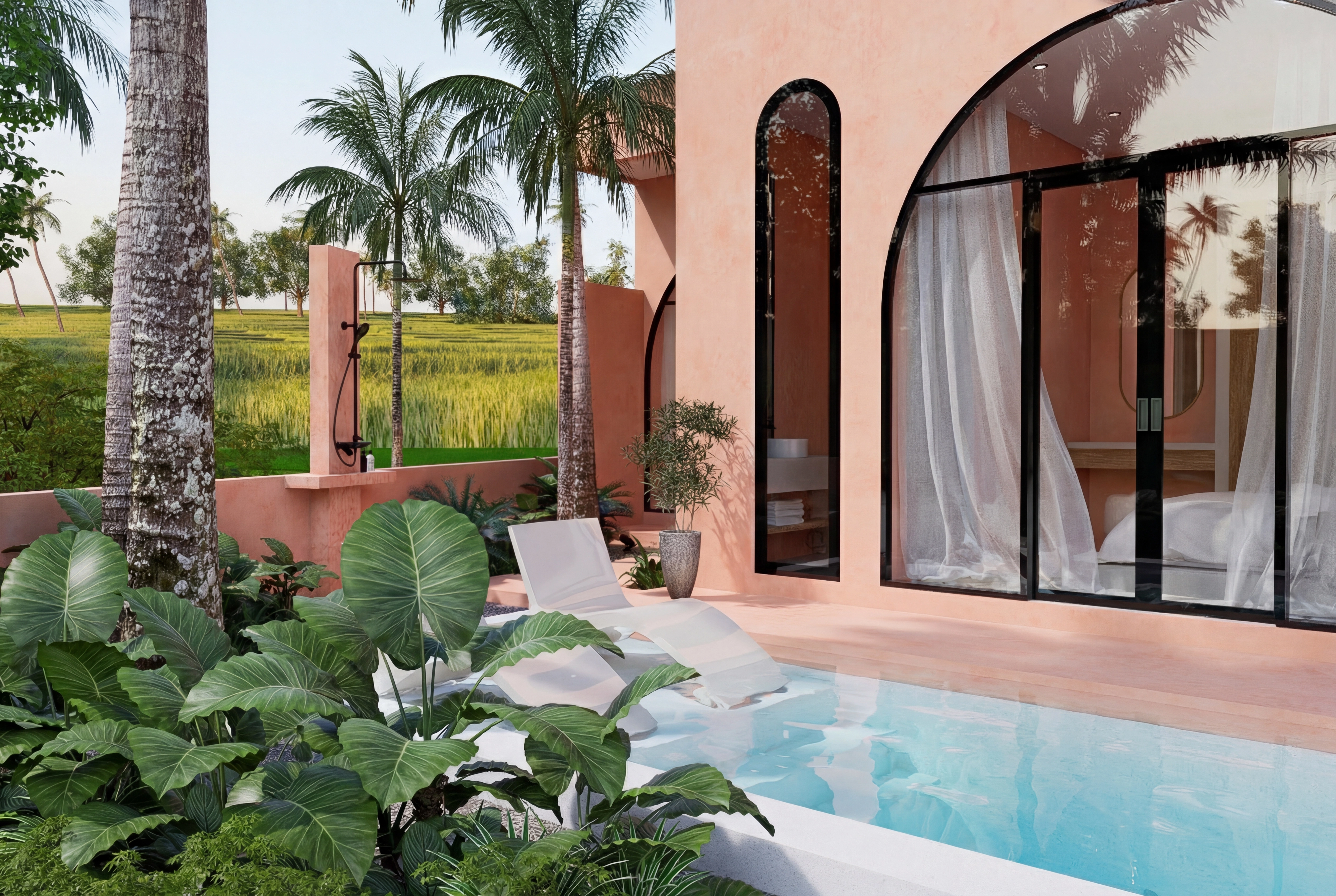 Poolside view featuring in-water lounge chairs, an outdoor shower, and arched glass doors