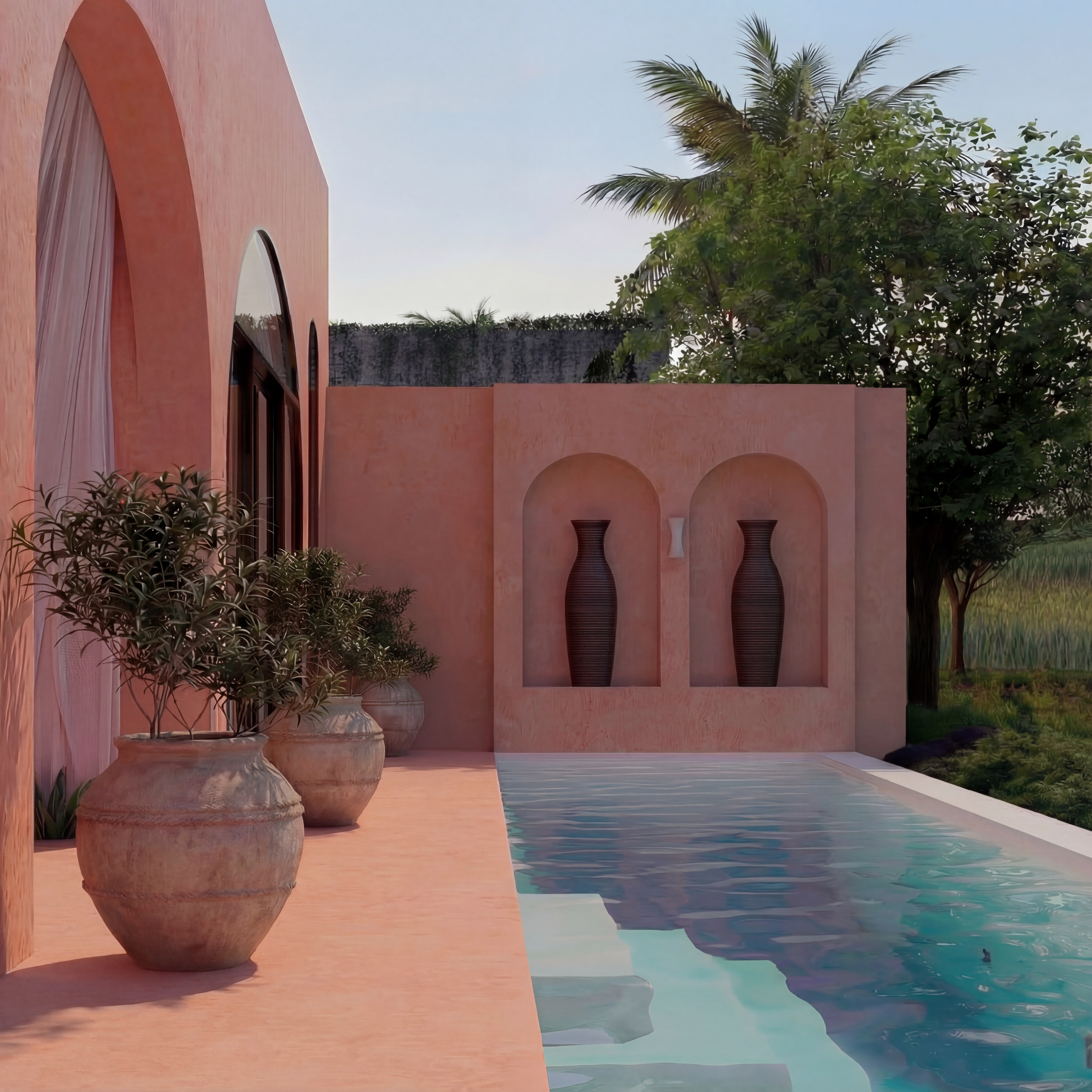 Rectangular swimming pool alongside a peach wall with arched niches displaying tall dark vases