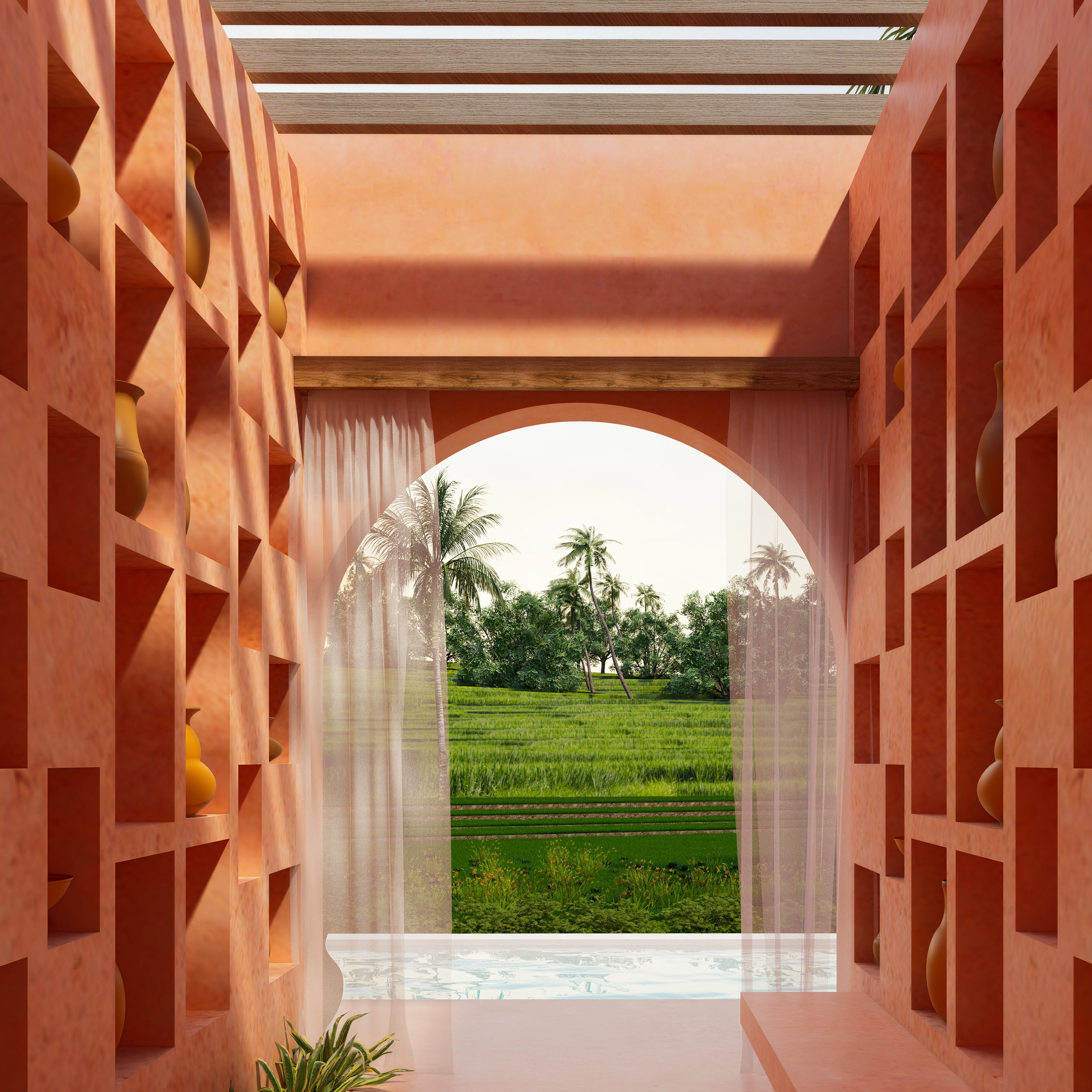 Architectural corridor with square display niches and an arched opening looking out to rice fields