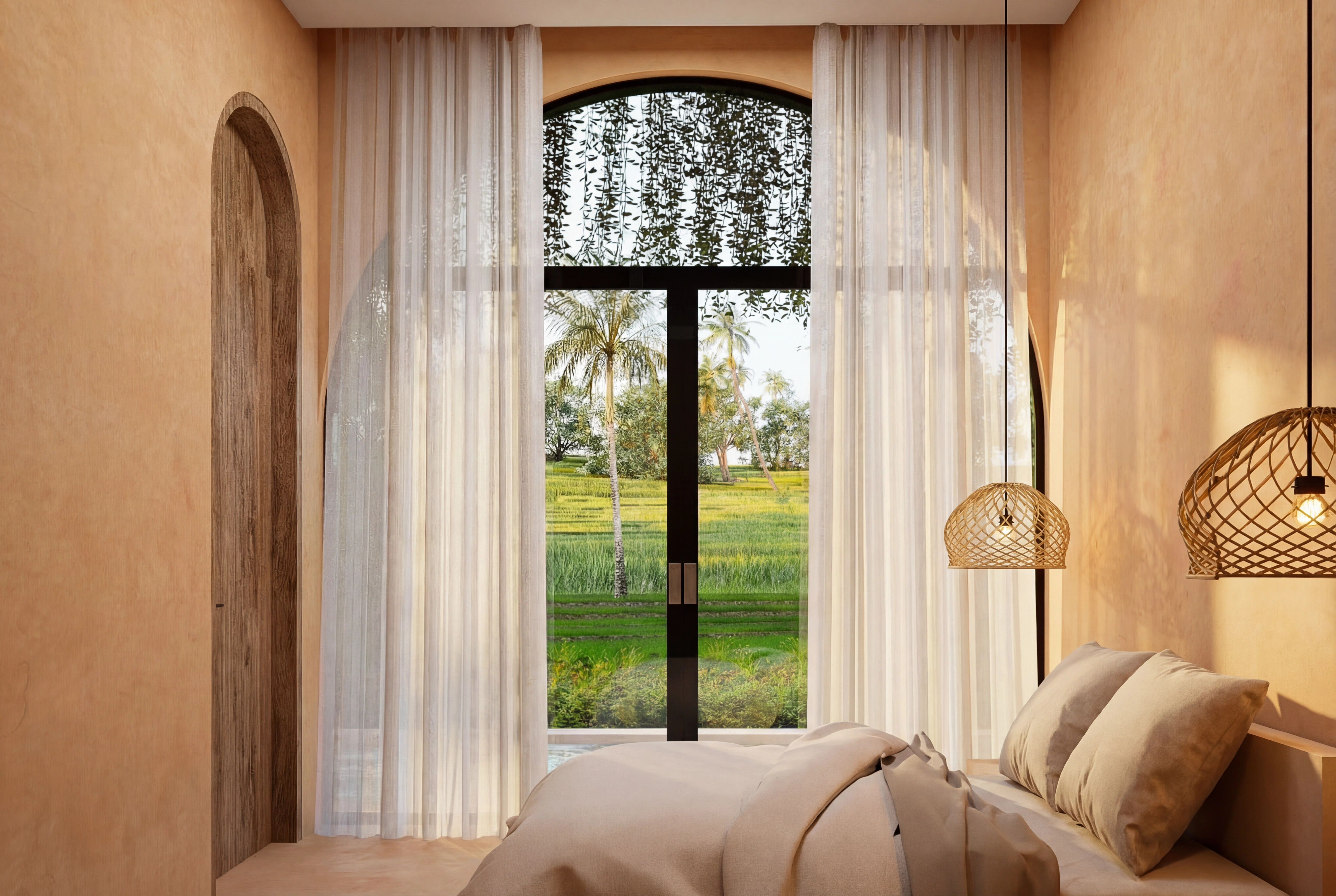 Cozy bedroom interior with an arched glass door offering a view of lush green rice terraces