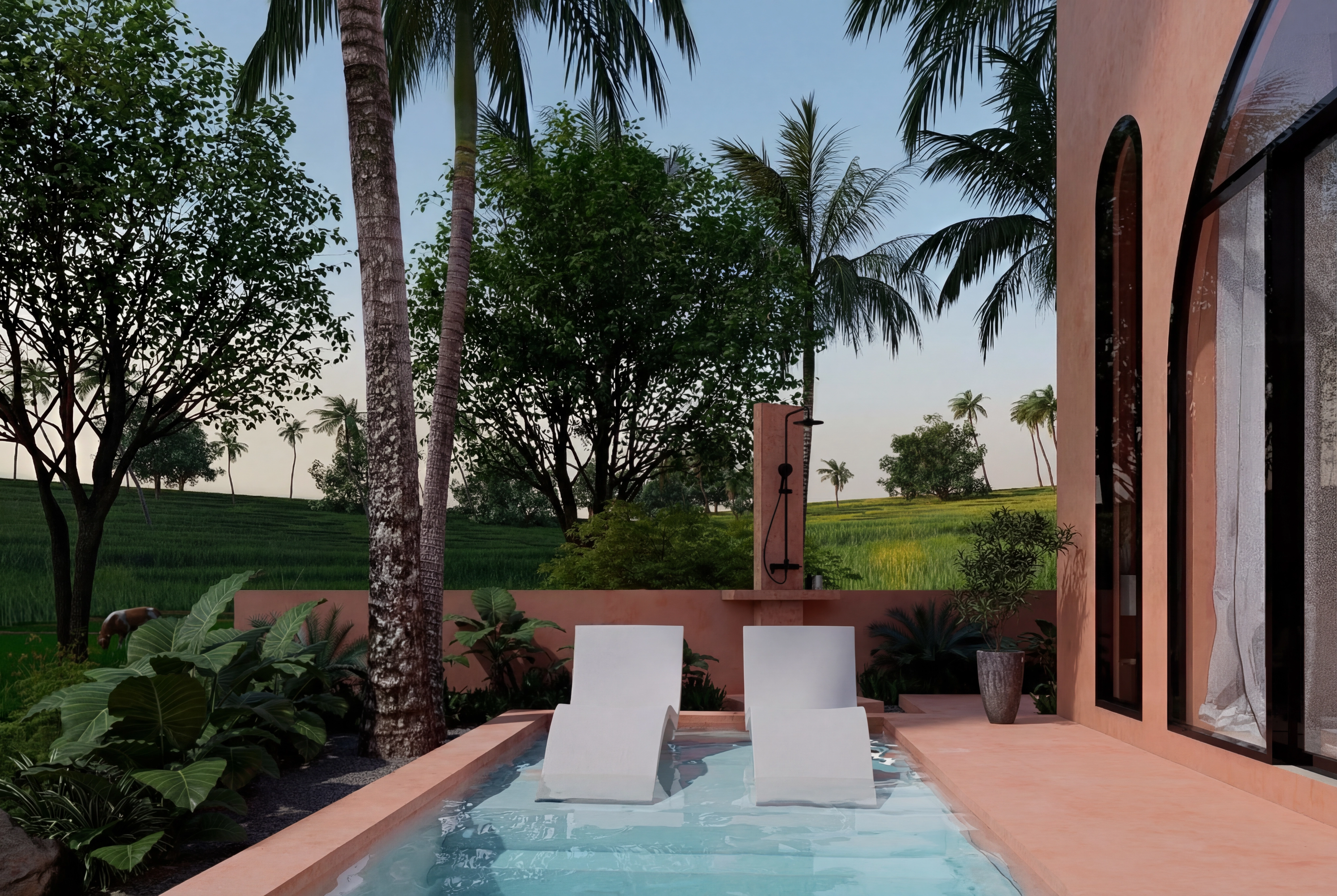 Relaxing pool area with two white lounge chairs submerged in the shallow end and an outdoor shower