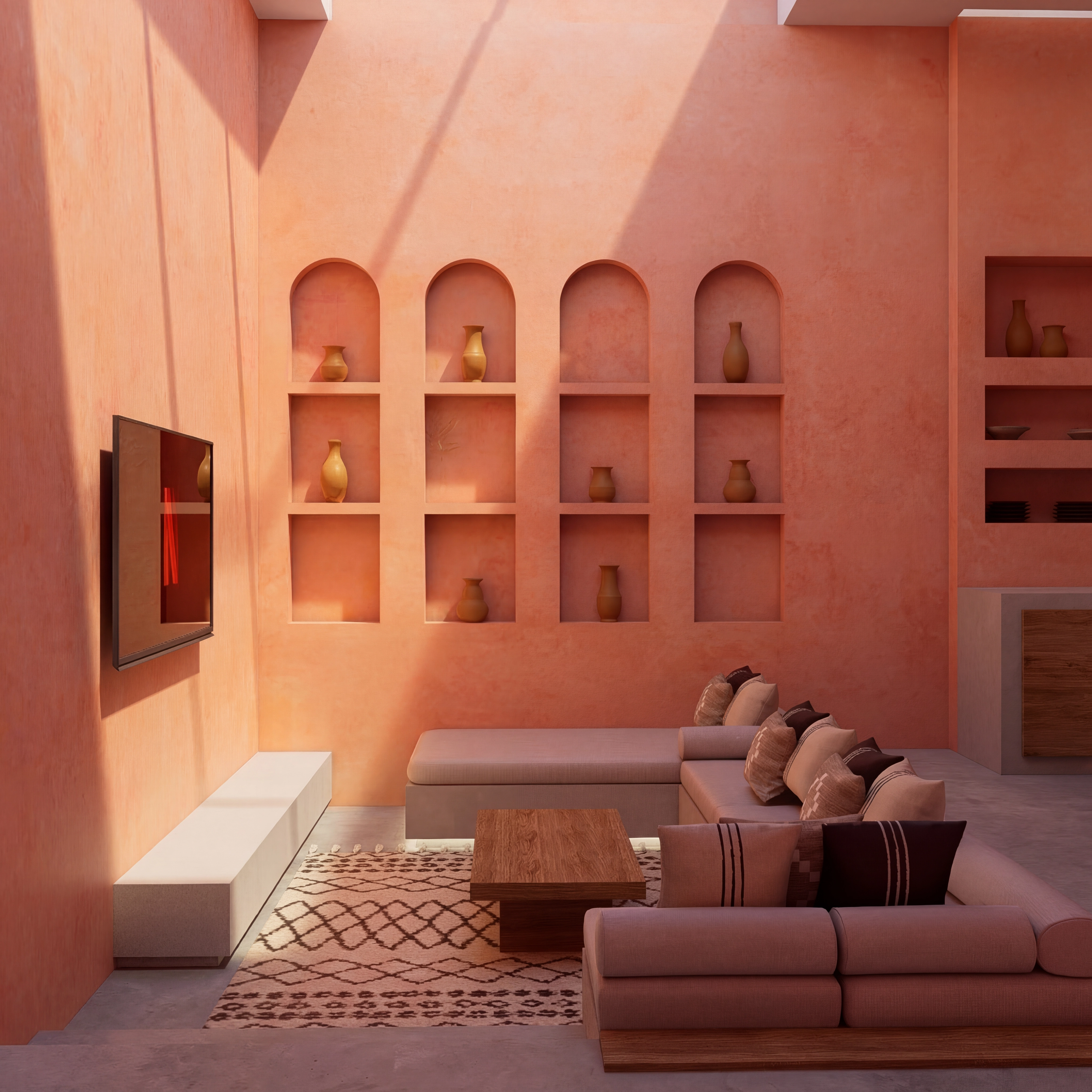 Sunken living room flooded with natural light featuring an L-shaped sofa and built-in arched shelves