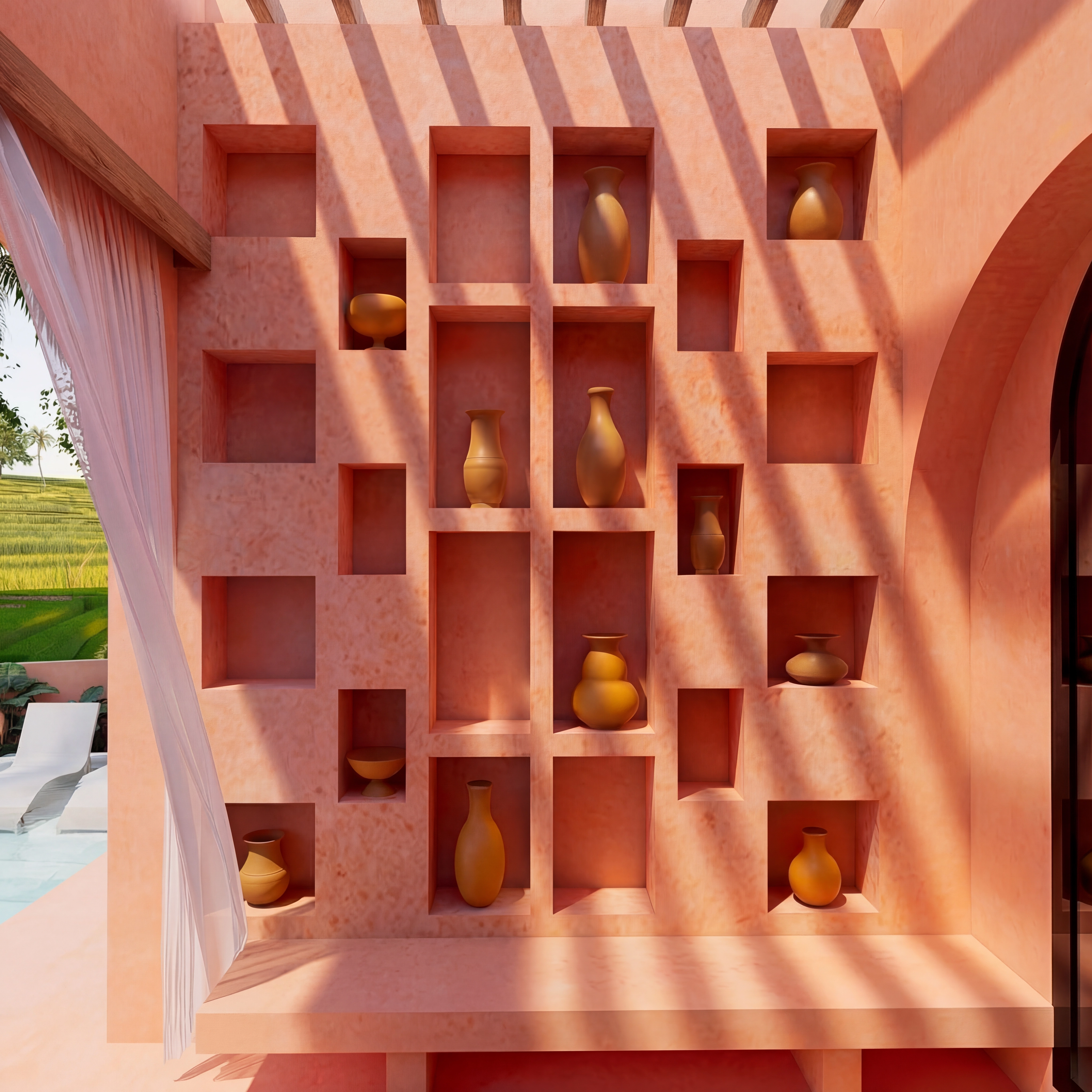 Detailed view of a peach exterior wall featuring geometric niches filled with clay pottery under strong sunlight