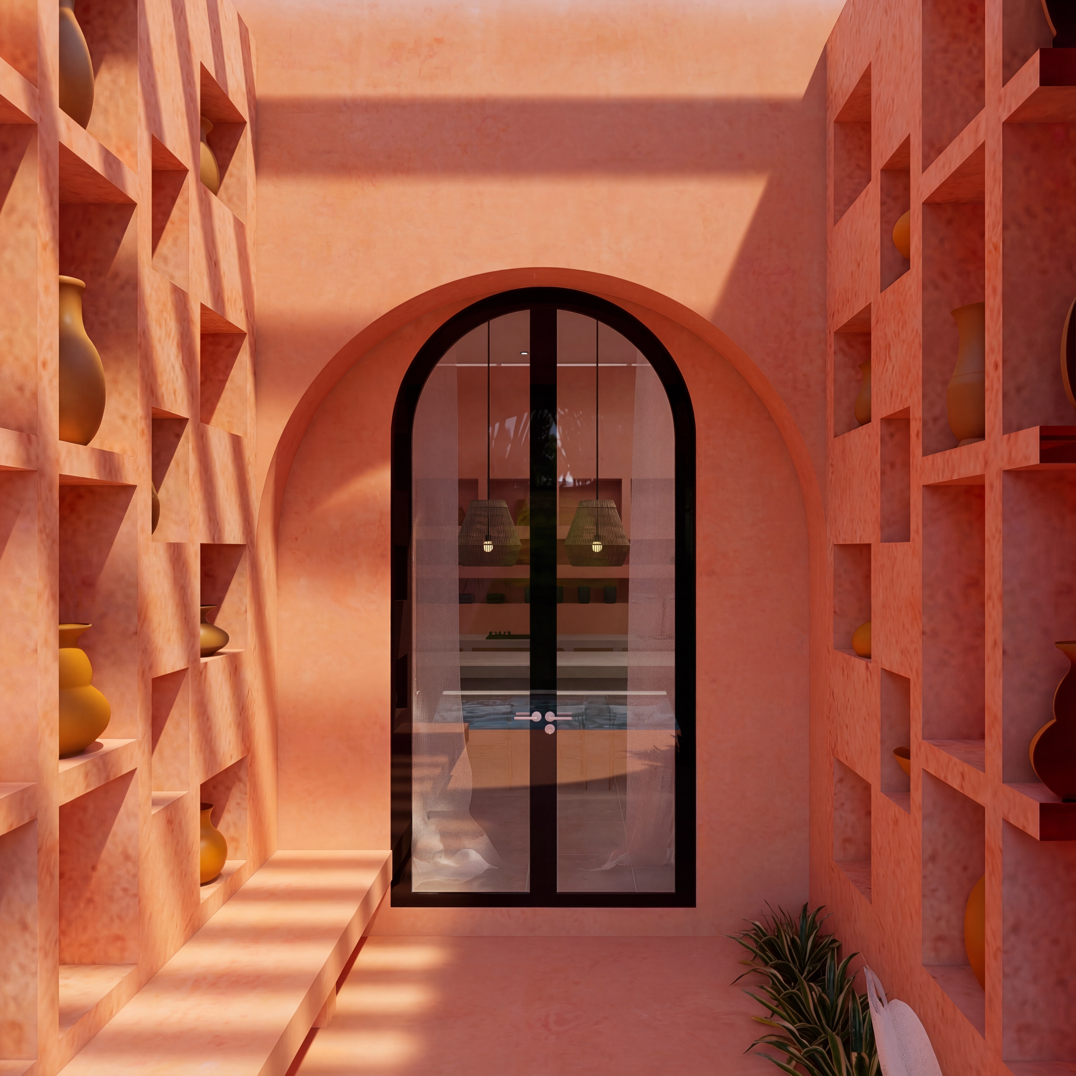 Architectural corridor with peach walls and square display niches containing clay vases, leading to an arched glass entrance door