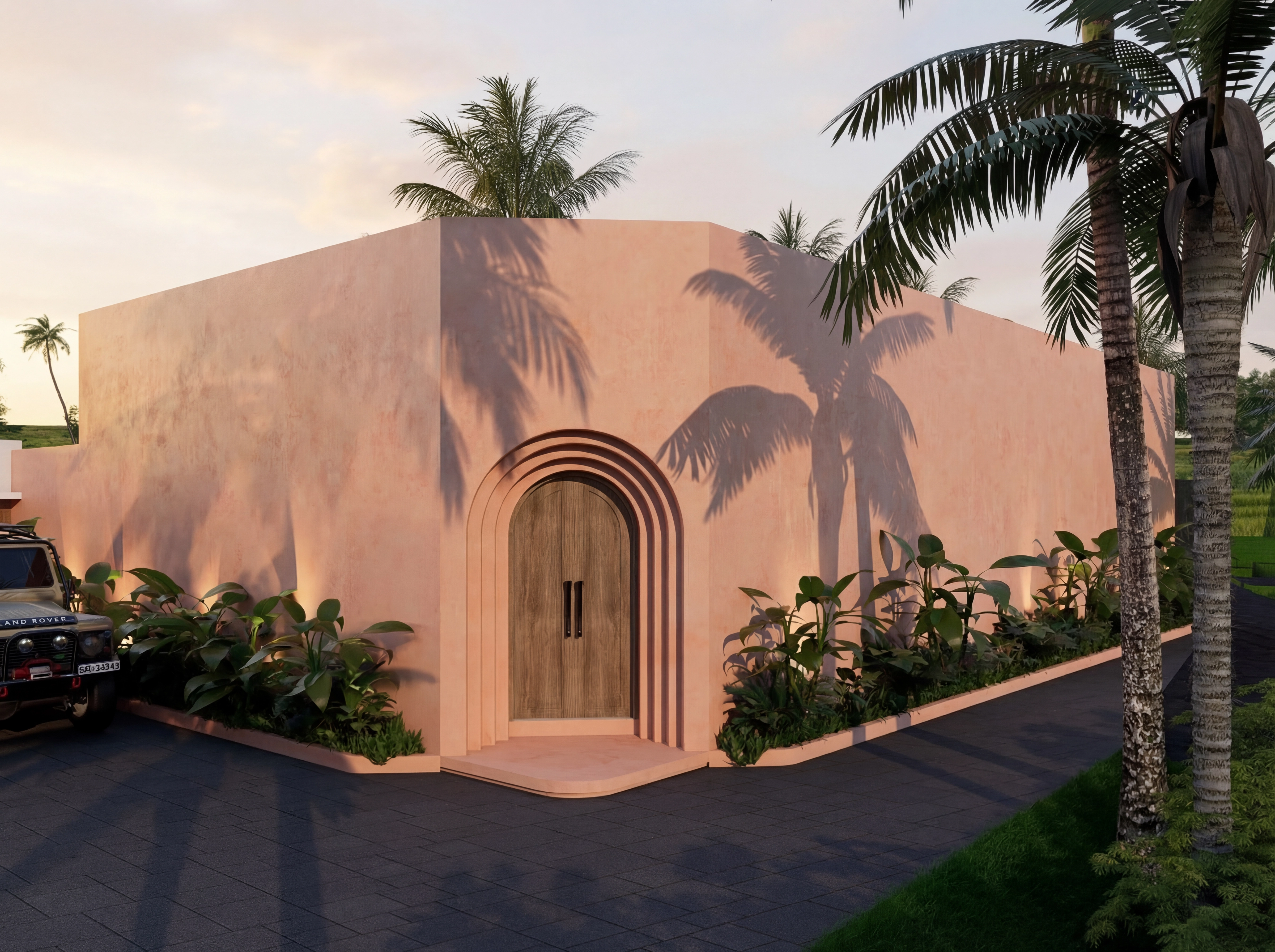 Exterior corner view featuring a wooden arched entrance