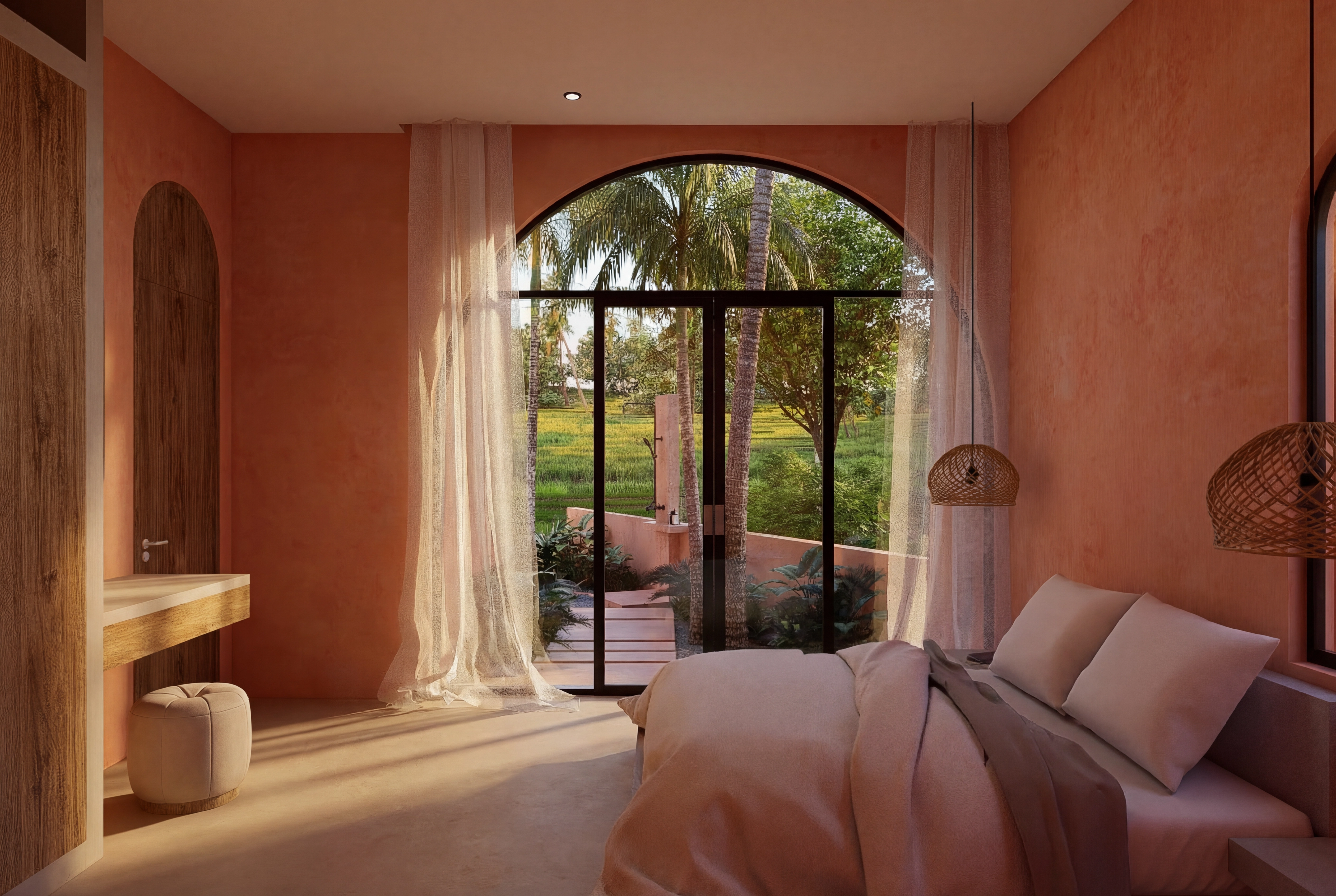 Bedroom interior looking out to rice terraces through large arched glass doors
