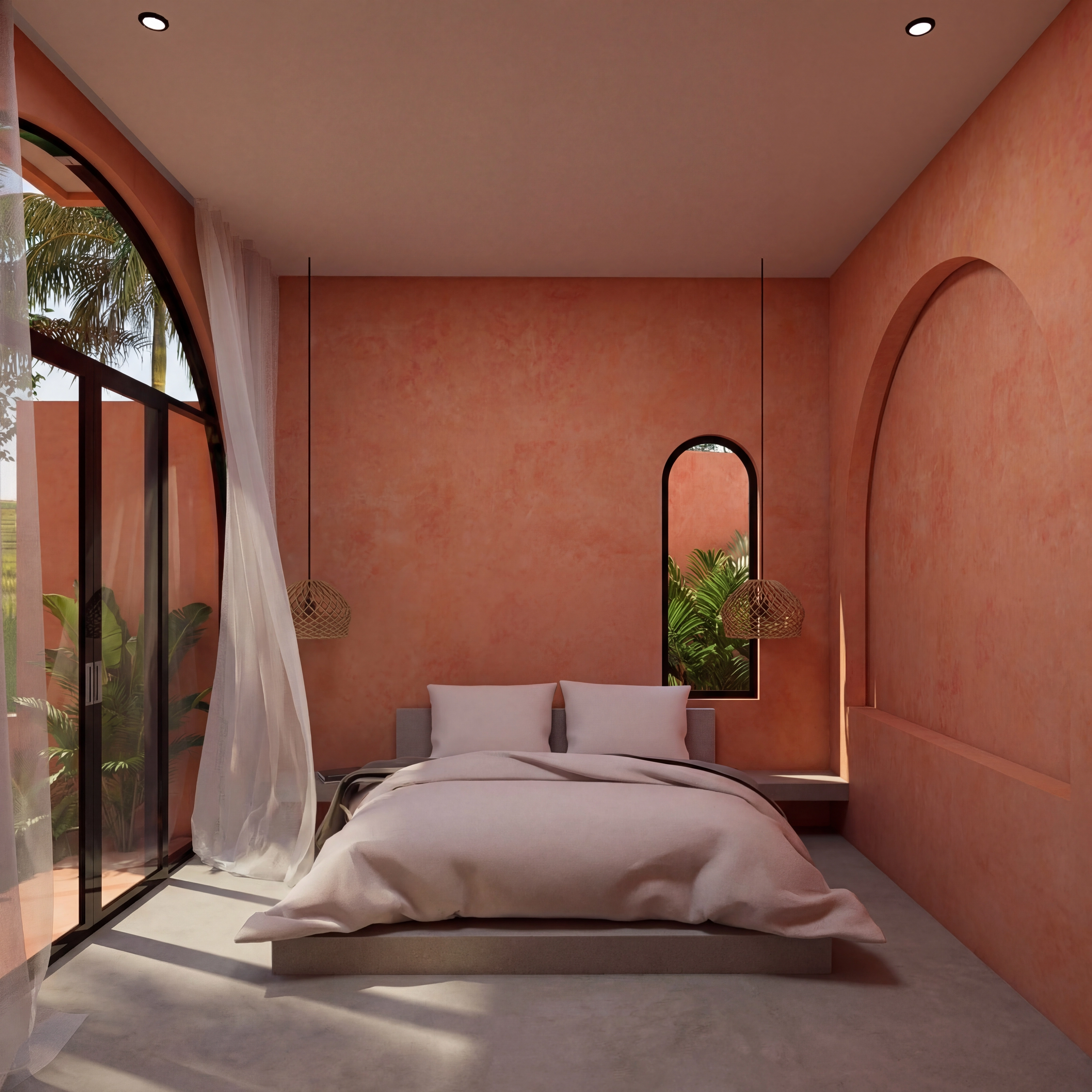 Minimalist bedroom interior featuring peach walls and an arched alcove
