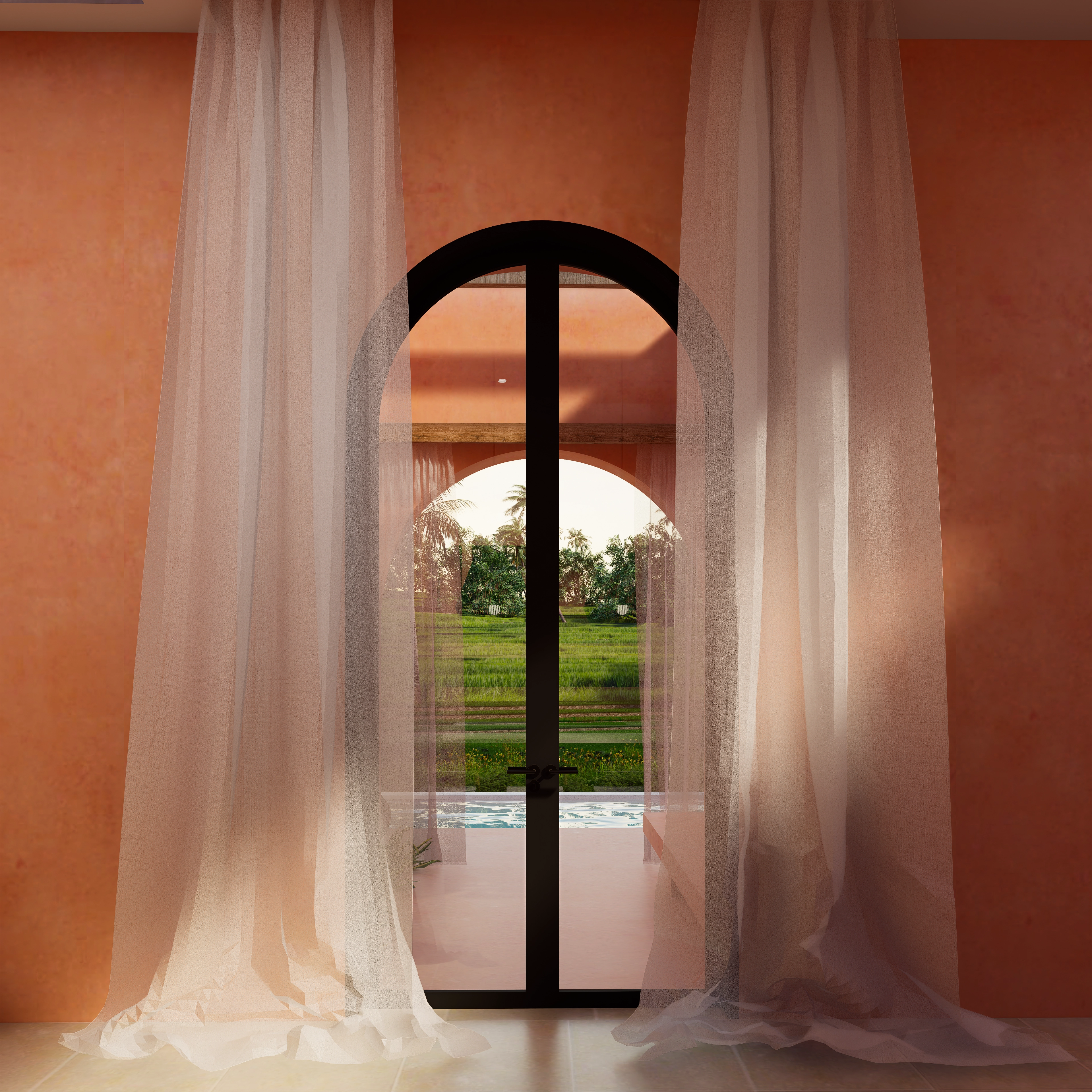 Arched glass doors with sheer curtains opening out to the pool area