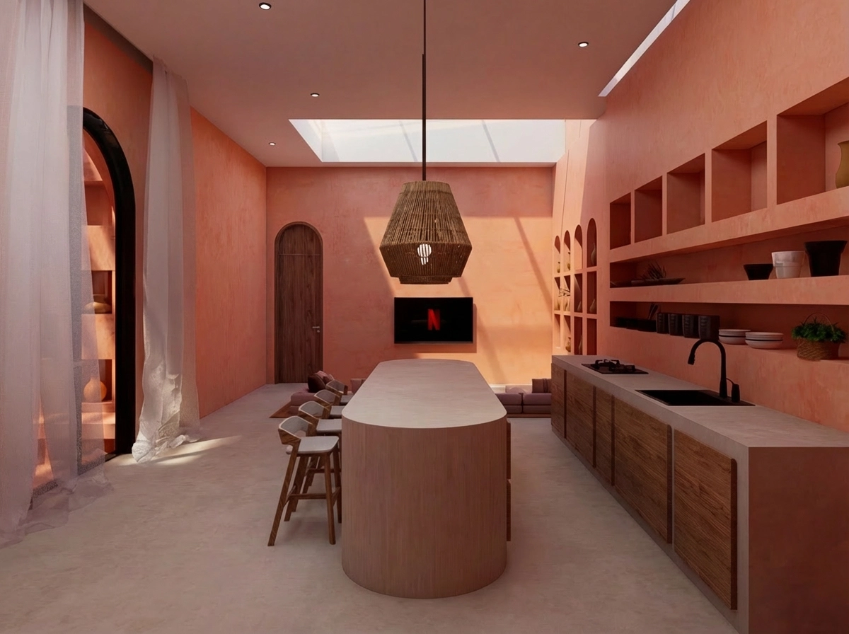 Spacious open-concept kitchen and living area with a large curved island and skylight