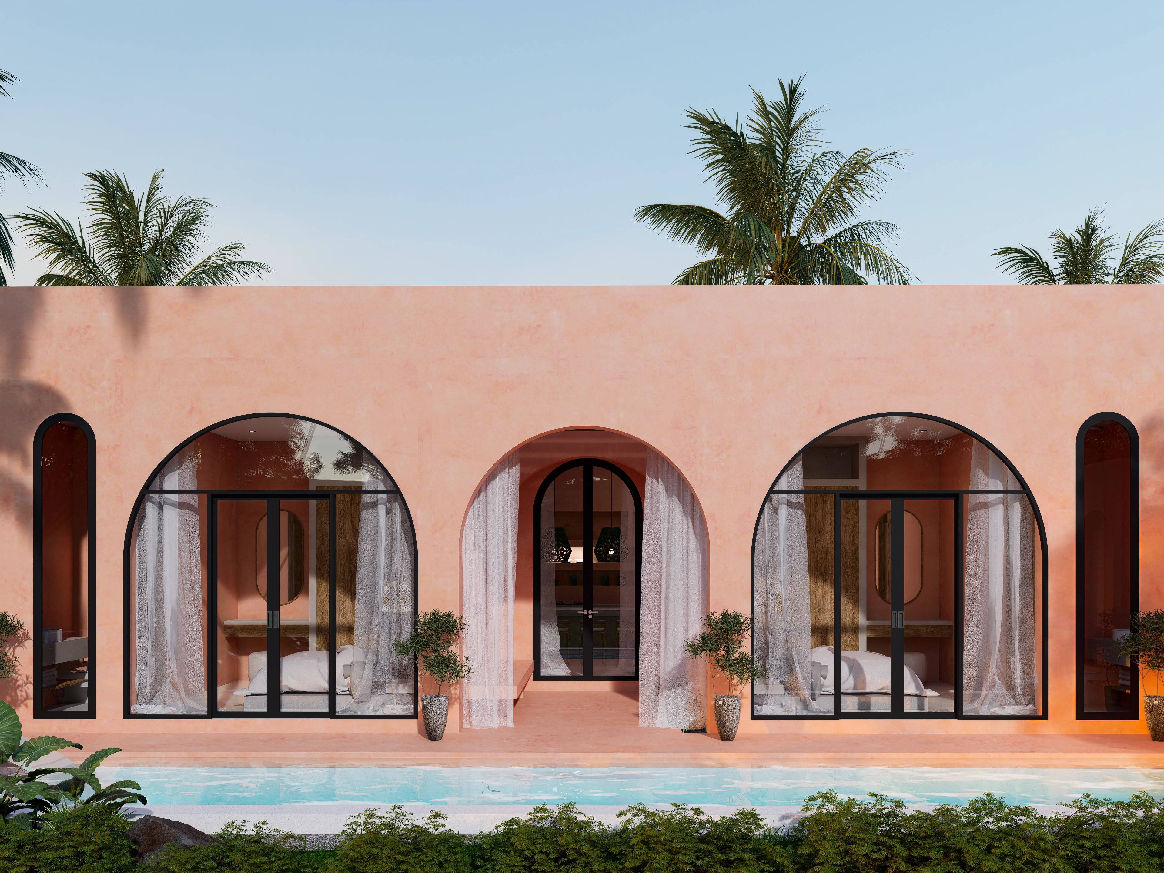 Poolside exterior view showing symmetrical arched bedroom and entrance doors